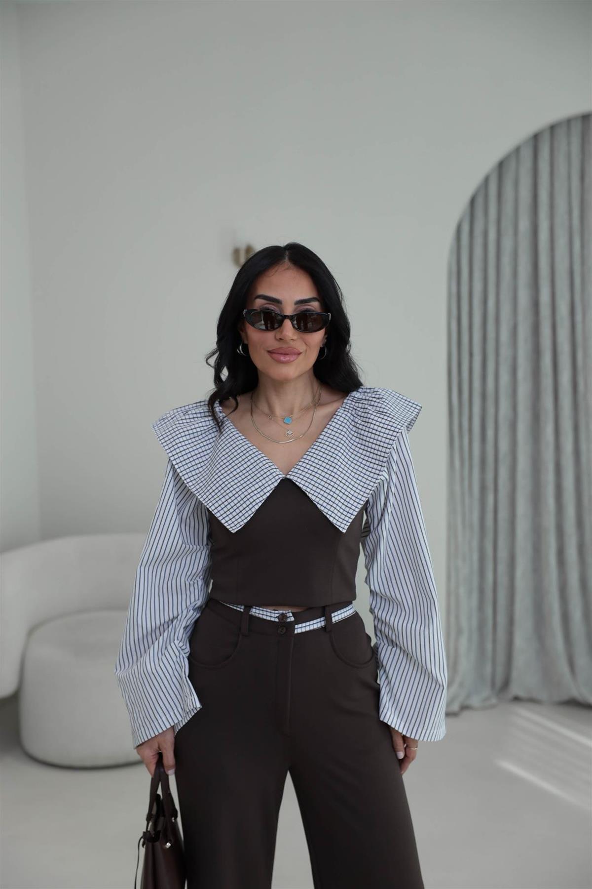 0675 Anime Poplin Yaka Modal Kumaş Takım ACI KAHVE