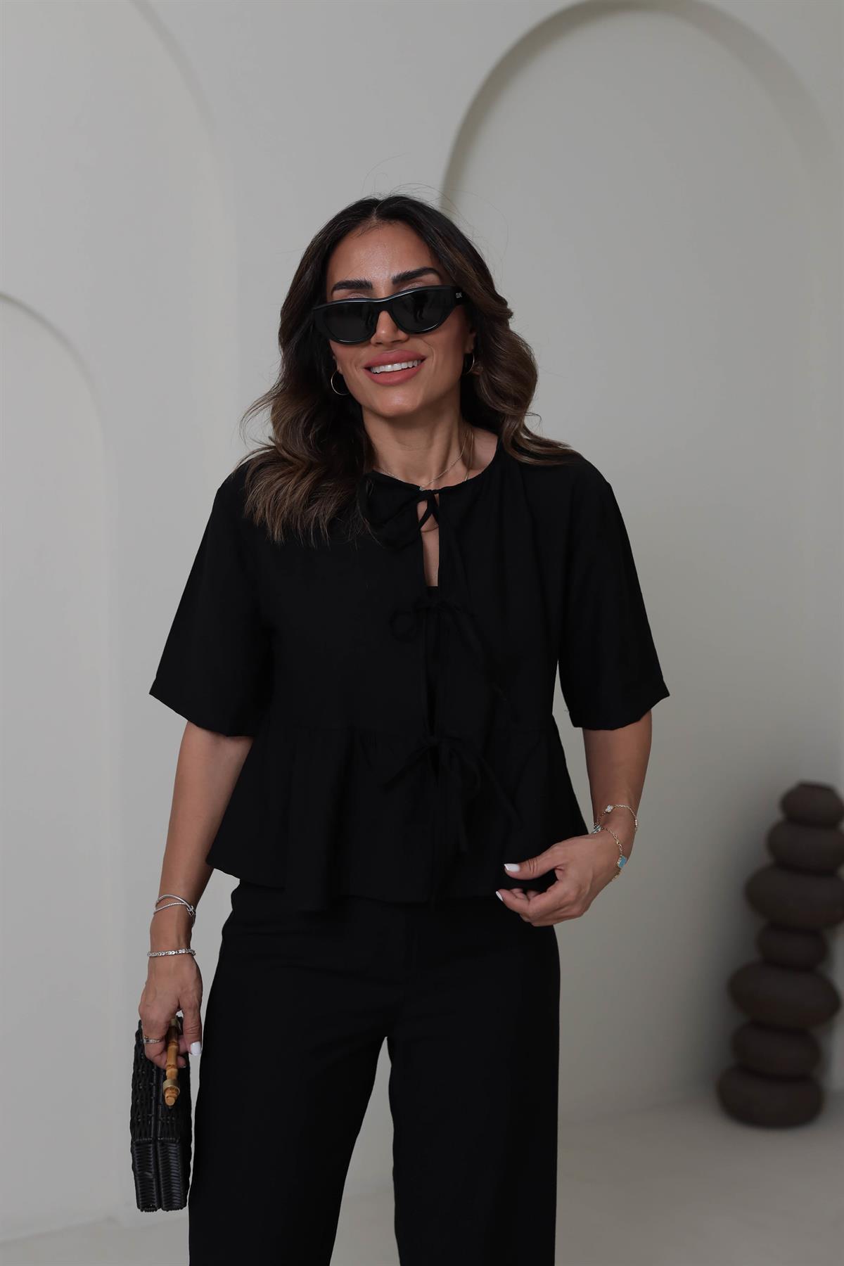 9265 Bağlama Detaylı Çilek Kumaş Takım SİYAH