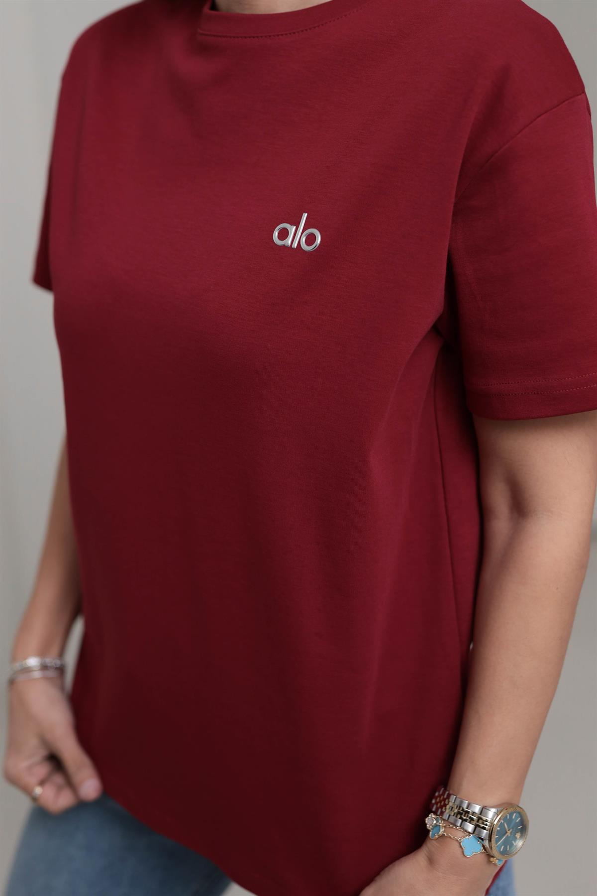 1022 Bisiklet Yaka Gümüş Yazı Detaylı Tshirt BORDO