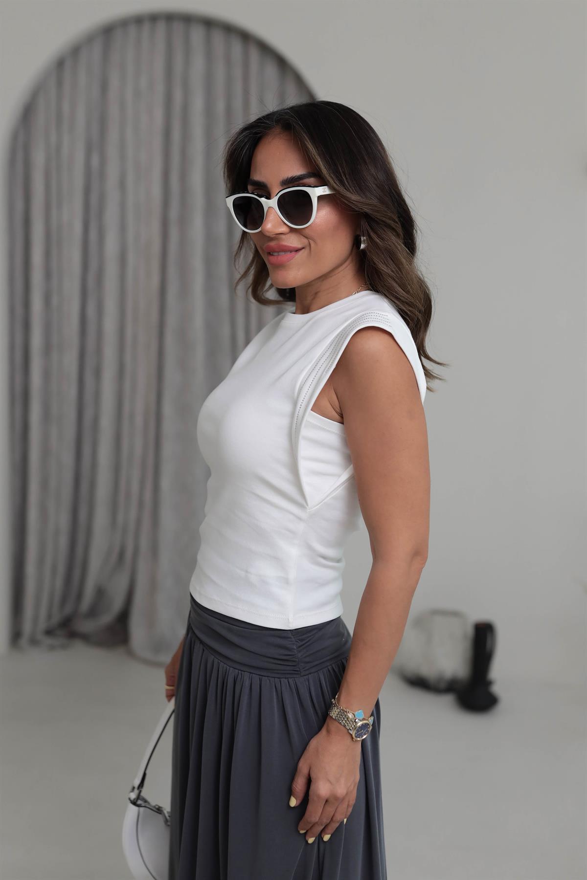 3254 Geniş Omuz Şerit Taşlı Pamuklu Tshirt BEYAZ