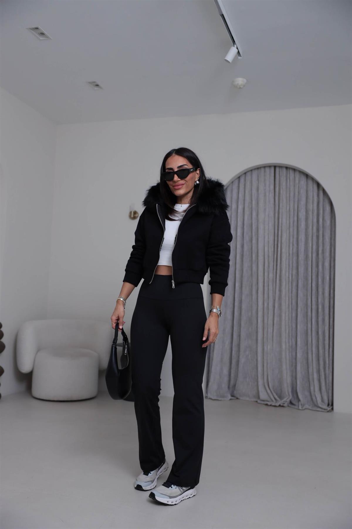 4067 Kapşonu Kürklü Şardonlu Kısa Sweatshirt SİYAH