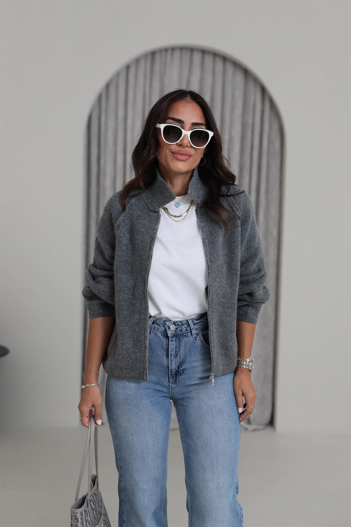 4904 Fermuar Detaylı Reglan Kol Triko Hırka GRİ