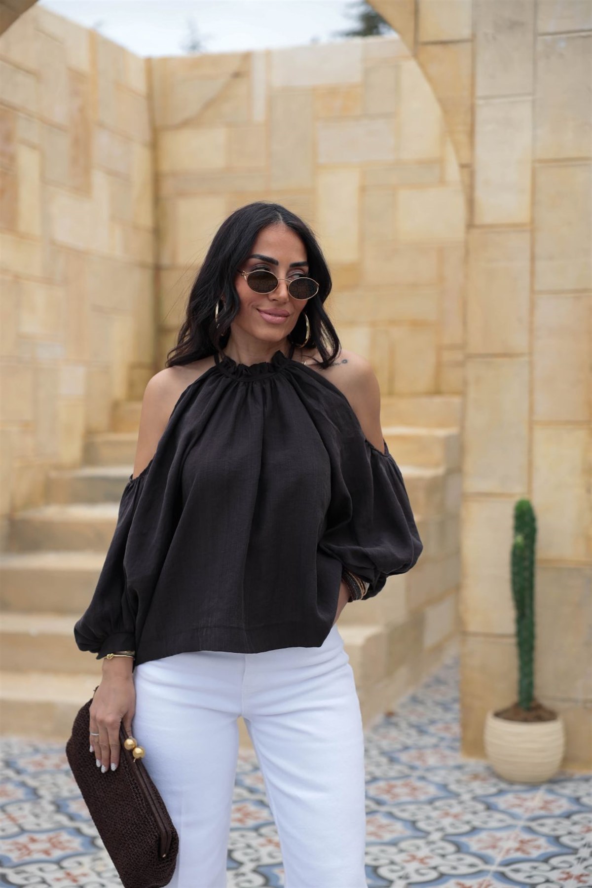 3264 Büzgülü Kol Dekolteli Bluz KAHVE