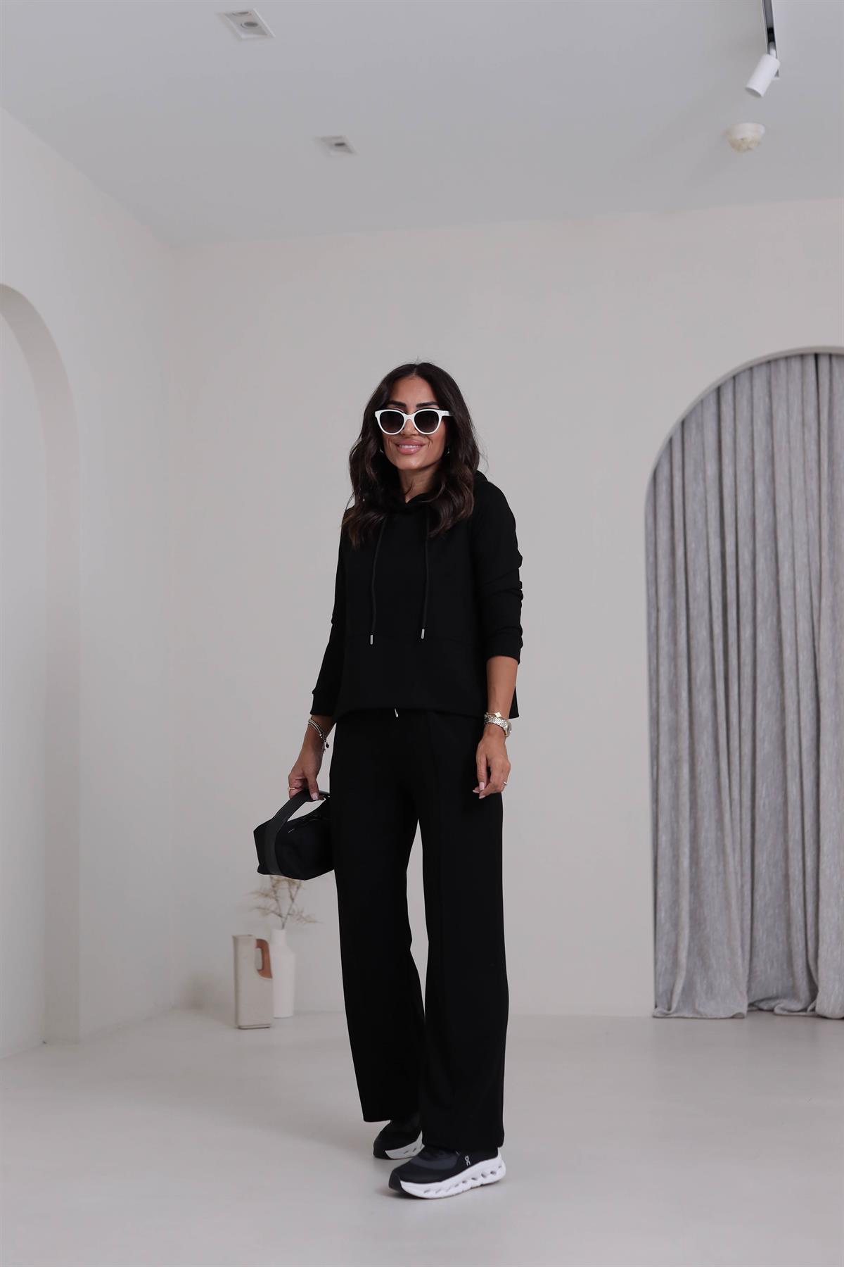 7327 Kapşonlu Yırtmaçlı Çimalı Modal Takım SİYAH