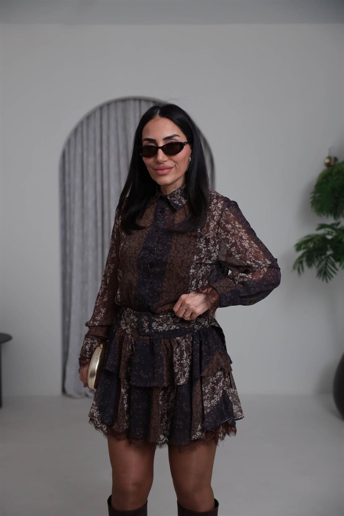 5539 Kol ve Etek Ucu Güpürlü Gömlek Yaka Şifon Elbise DESENLİ