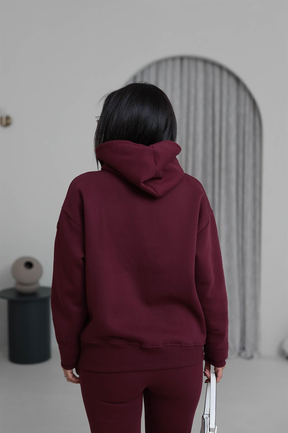 7316 Kapşonlu Fermuarlı Şardonlu Sweatshirt BORDO