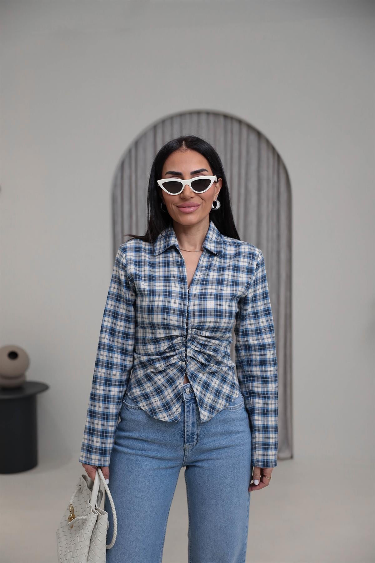 0817 Agraflı Ekose Gömlek MAVİ