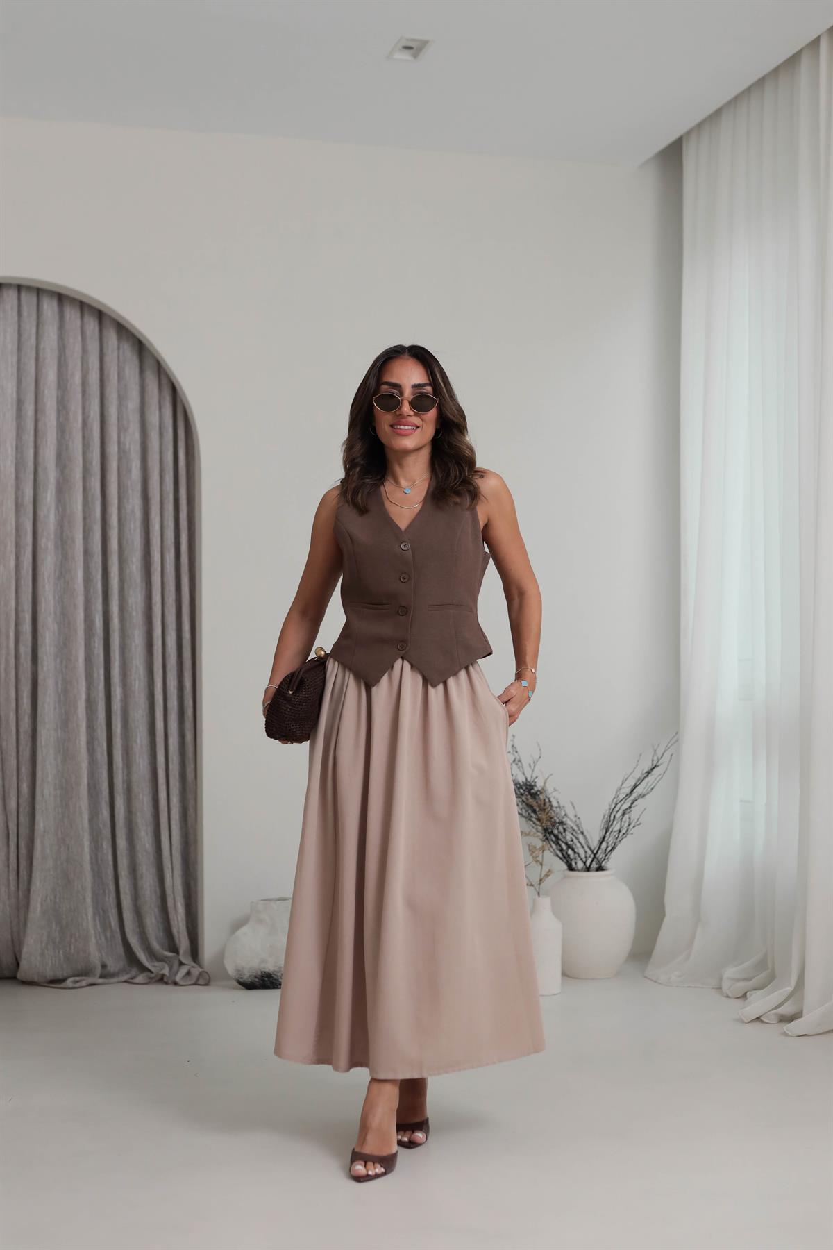 7730 Cepli Beli Lastikli Midi Etek CAMEL