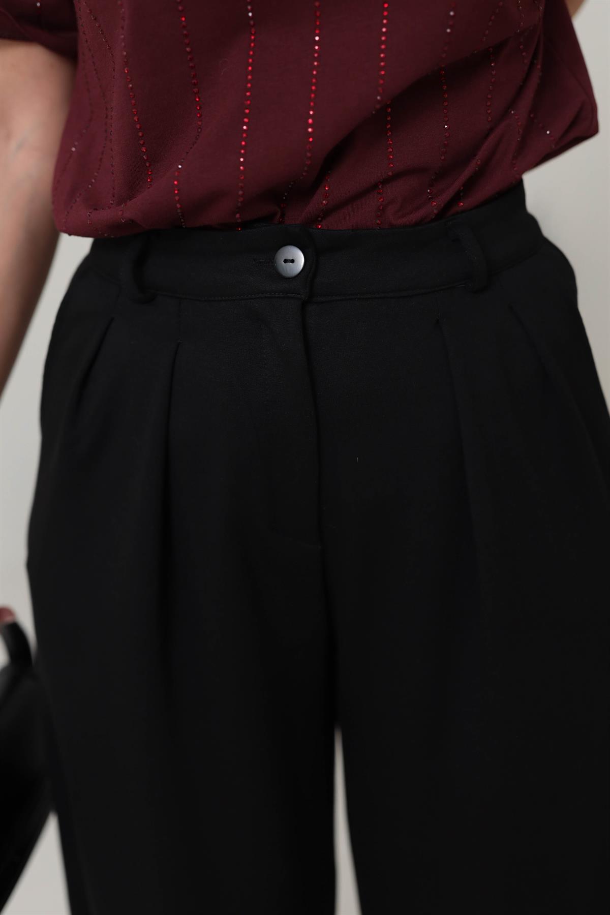 9444 Pilili Bol Paça Modal Pantolon SİYAH