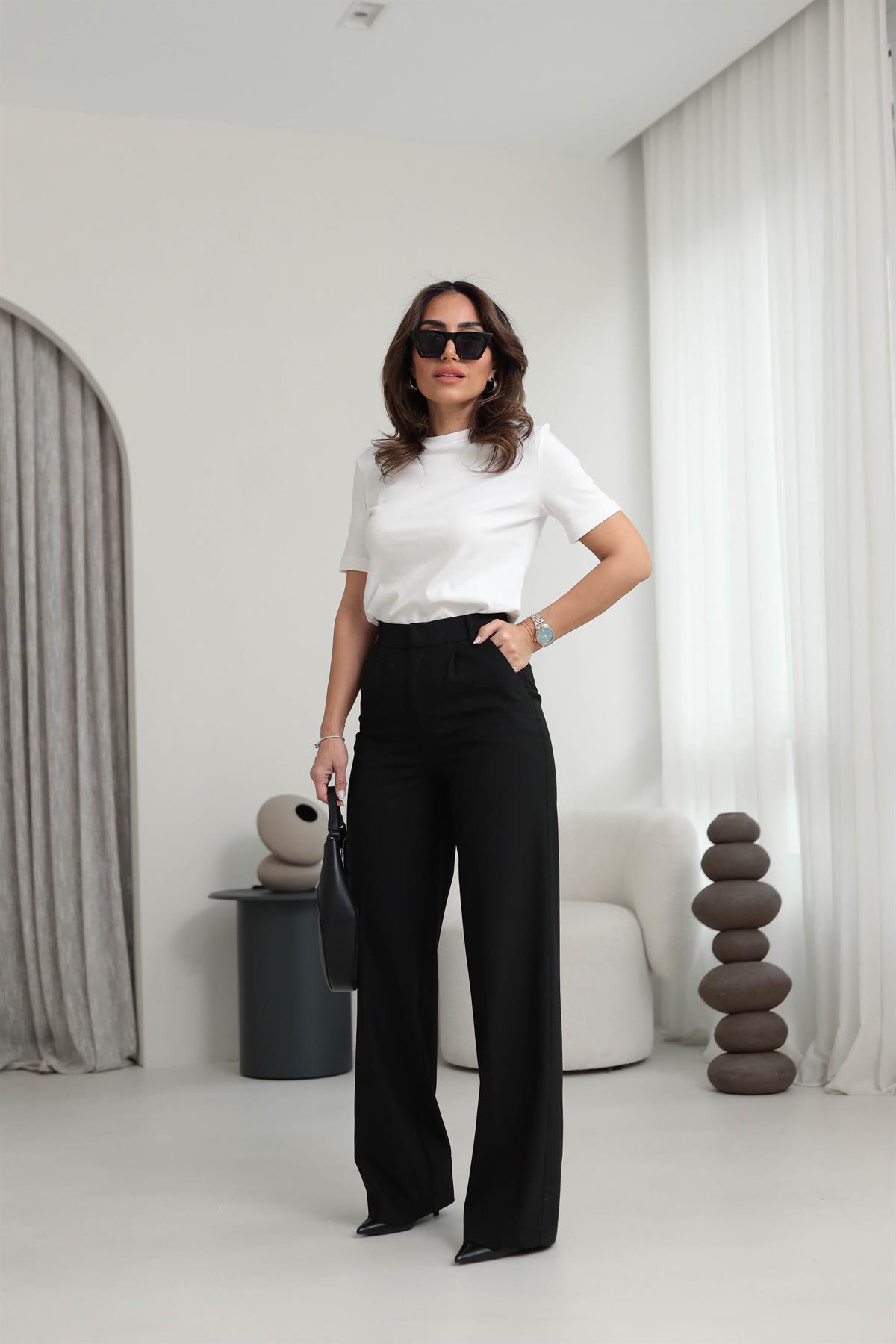 6571 Arka Bel Lastikli Palazzo Pantolon SİYAH