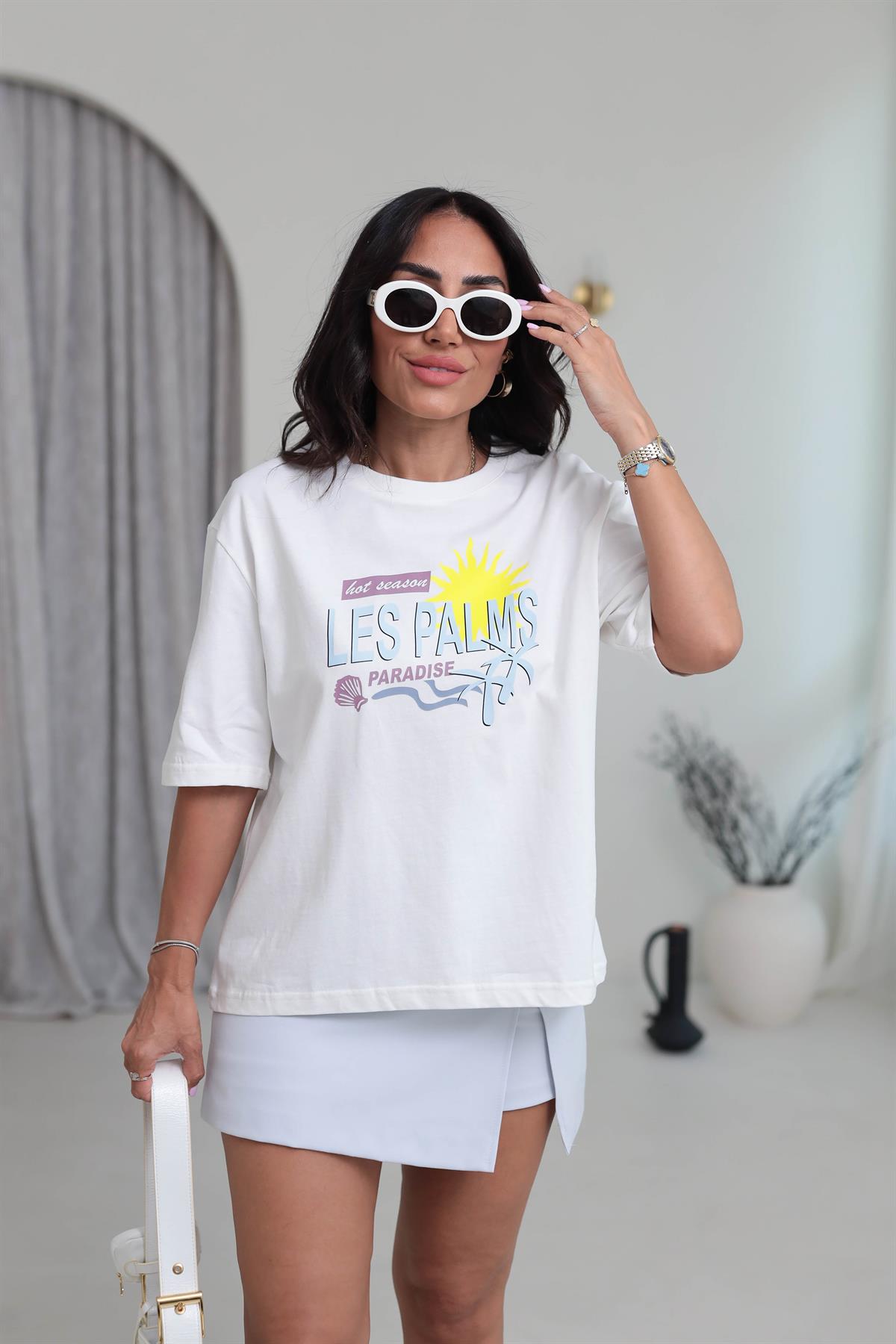 0494 Les Palms Pamuklu Tshirt EKRU