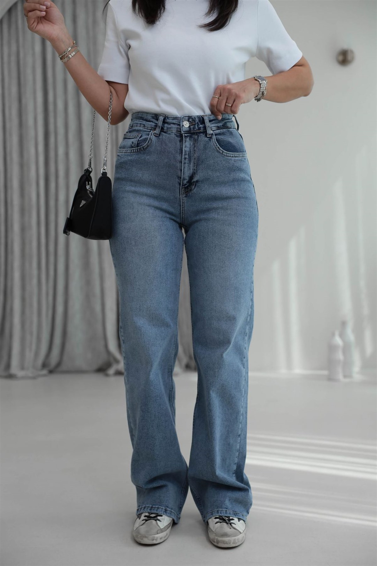 1071 Yüksek Bel Dökümlü Palazzo Jean TİNTLİ MAVİ