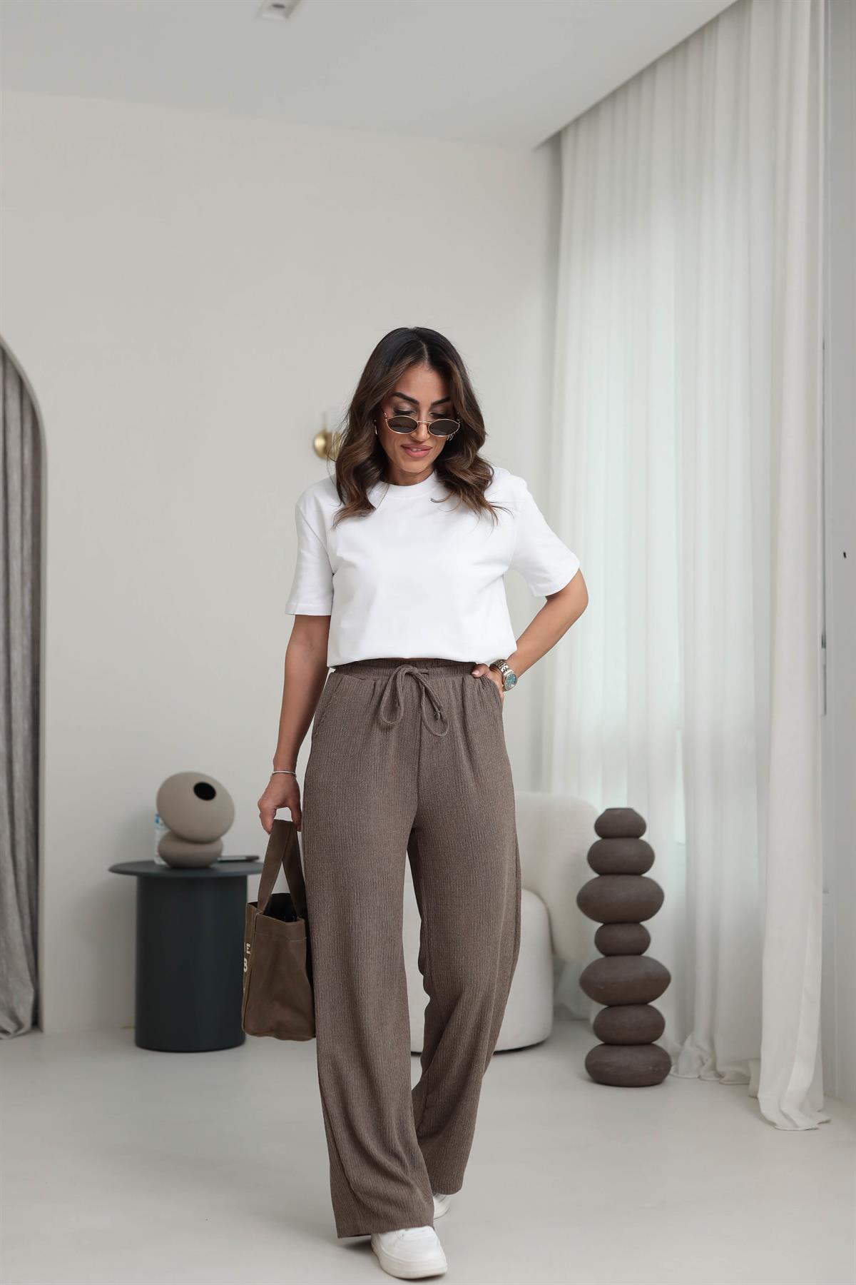 6525 Beli Lastikli Bürümcük Kumaş Rahat Pantolon VİZON