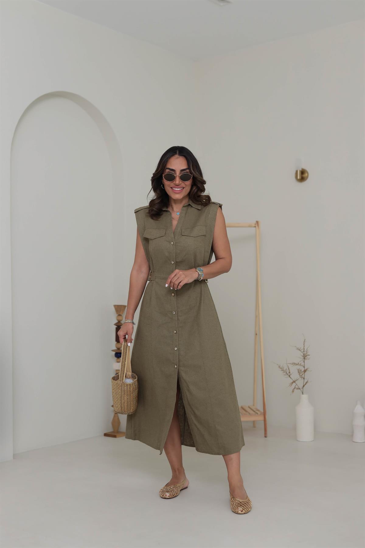 0473 Yanı Tokalı Keten Elbise HAKİ YEŞİL