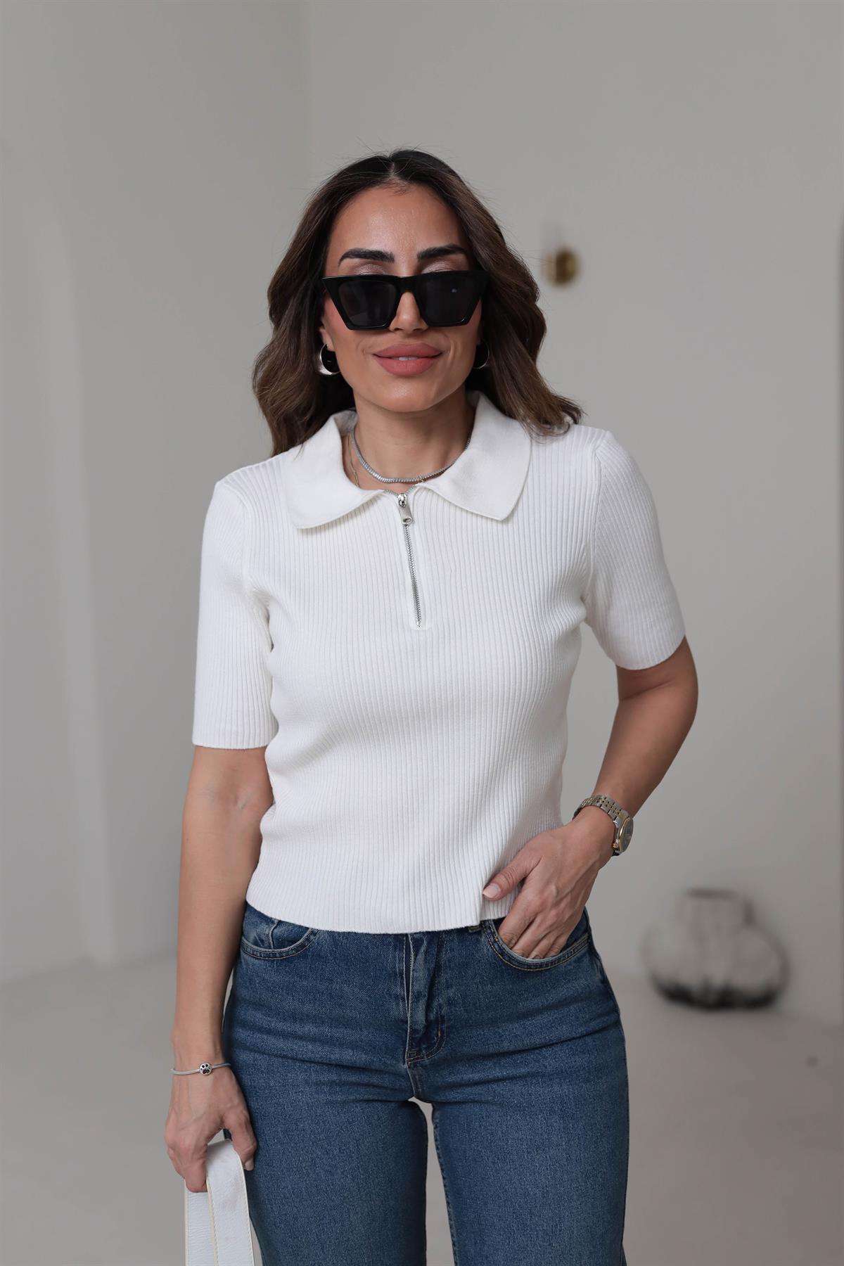 Yarım Fermuarlı Kısa Kol Fitilli Triko Buluz EKRU