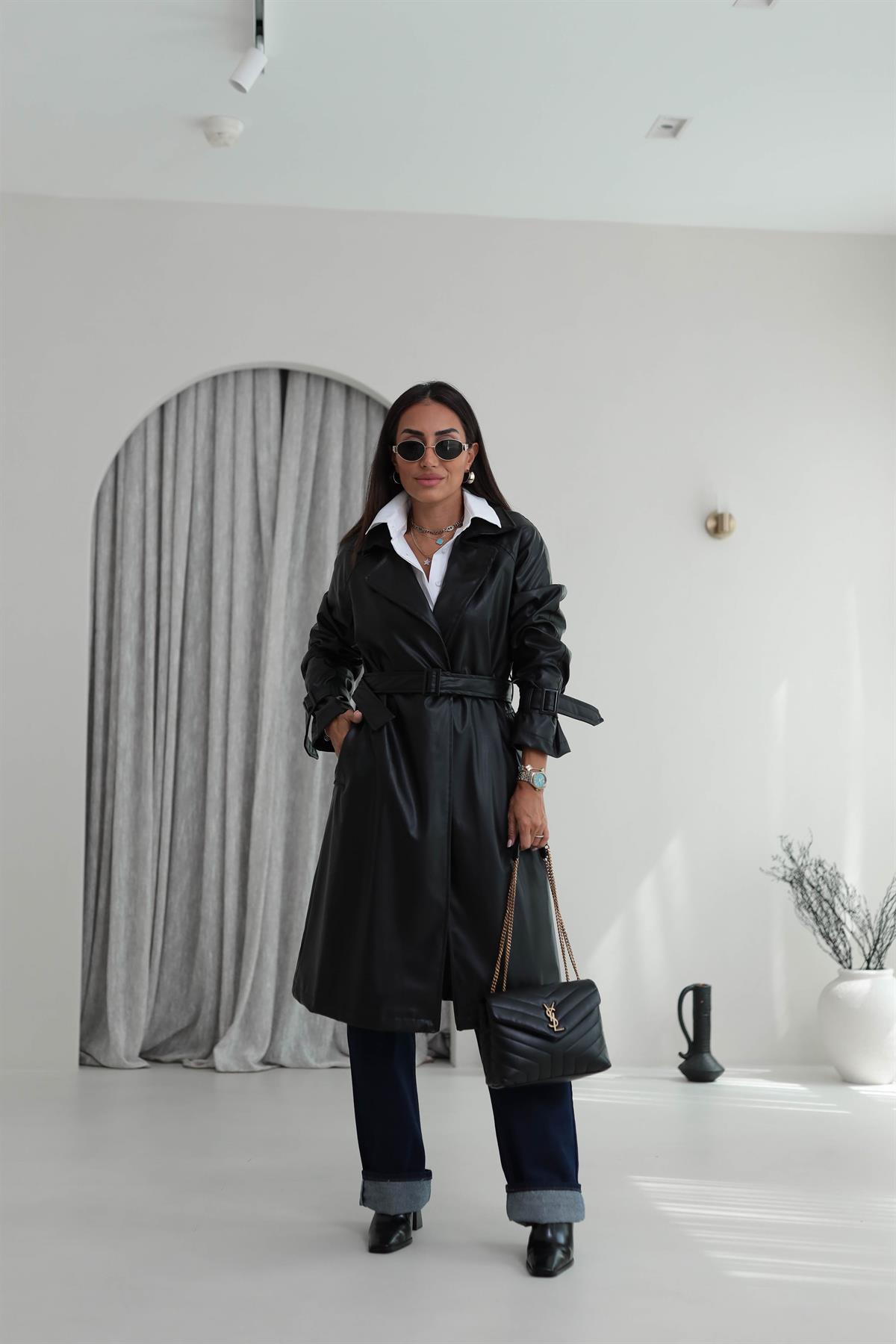 2035 Kemerli Deri Trençkot SİYAH