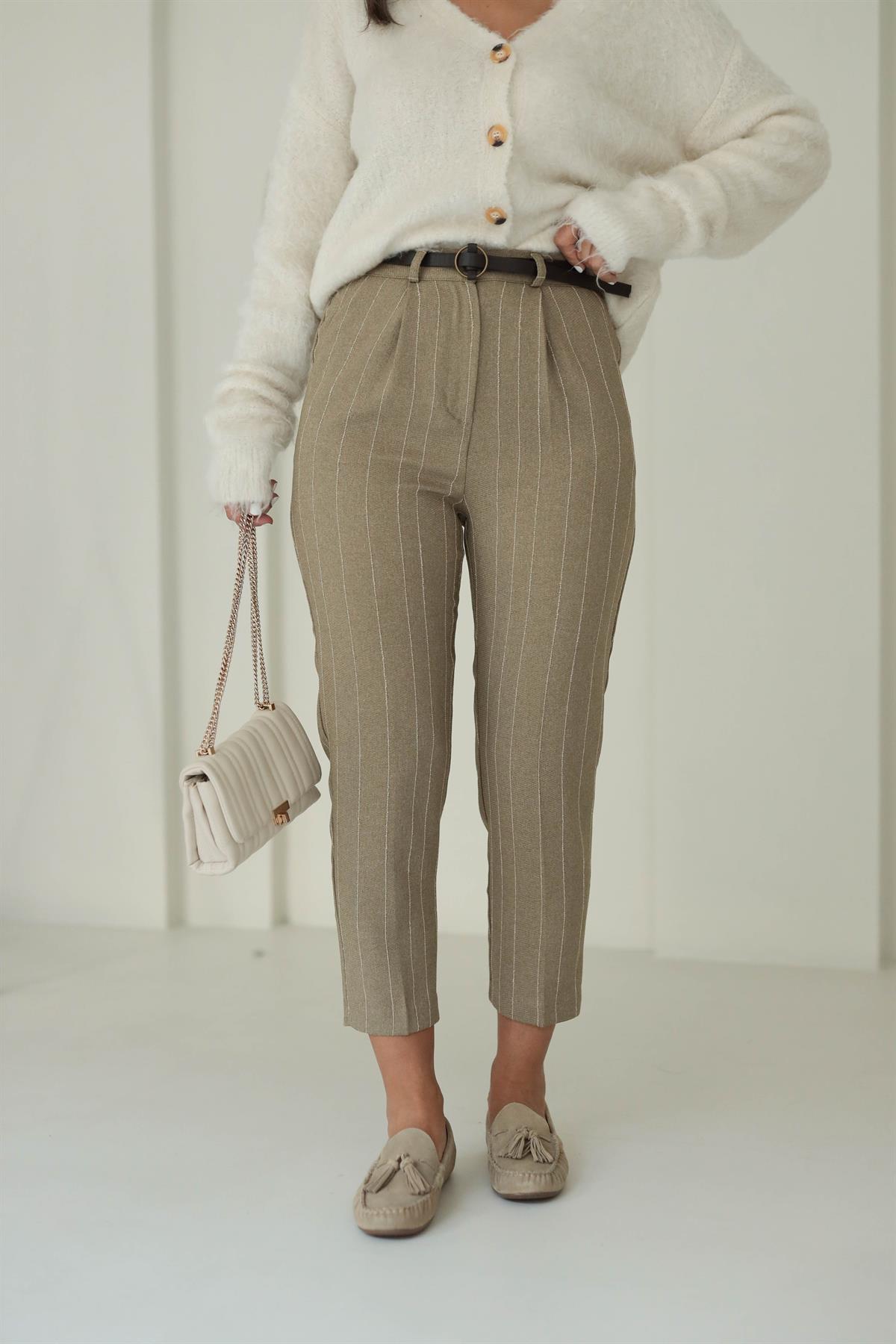 0262 Bel Lastikli Çizgili Kemerli Havuç Pantolon