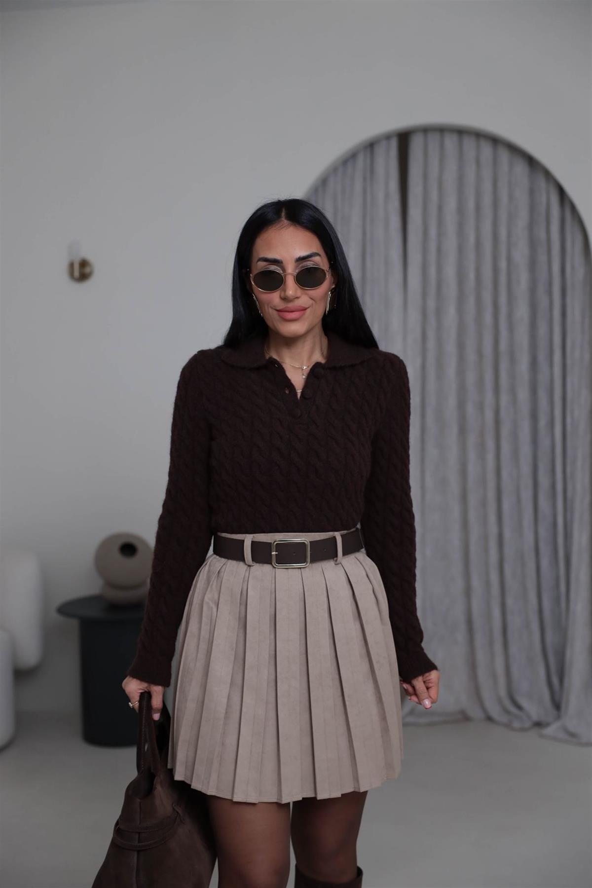 4984 Polo Yaka Örgülü Yarım Düğmeli Kazak ACI KAHVE