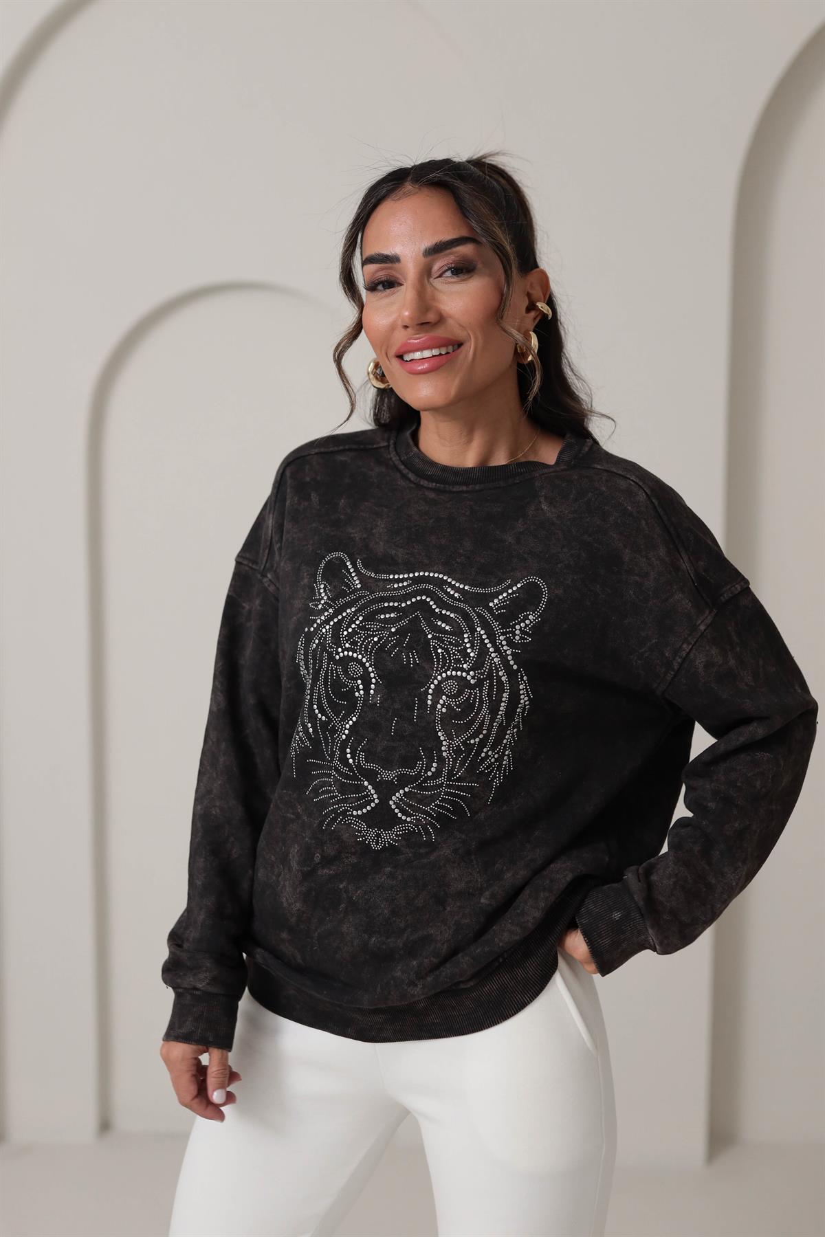 5536 Kaplan Figürlü Taş İşlemeli Sweatshirt ANTRASİT