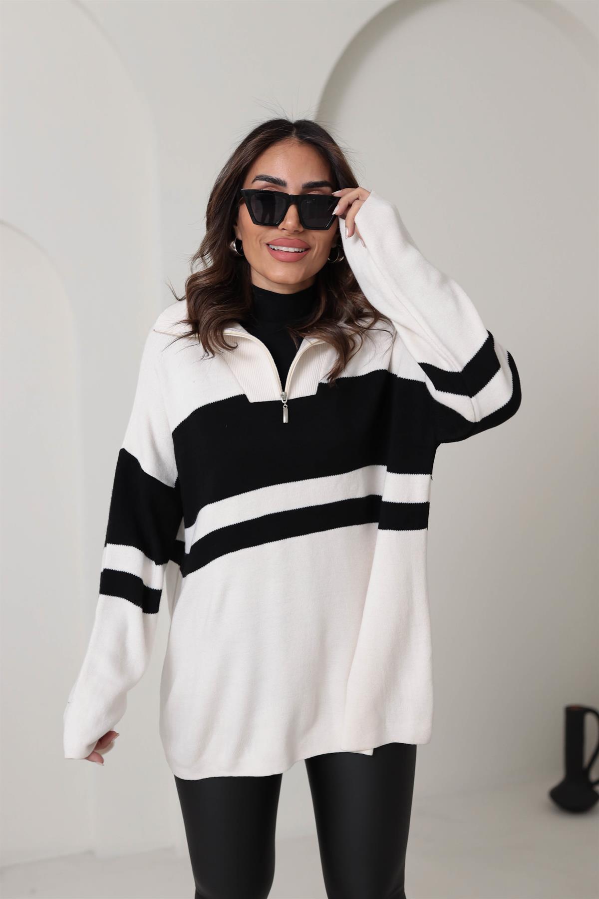 0011 Büyük Çizgili Fermuarlı Tunik Kazak KREM-SİYAH