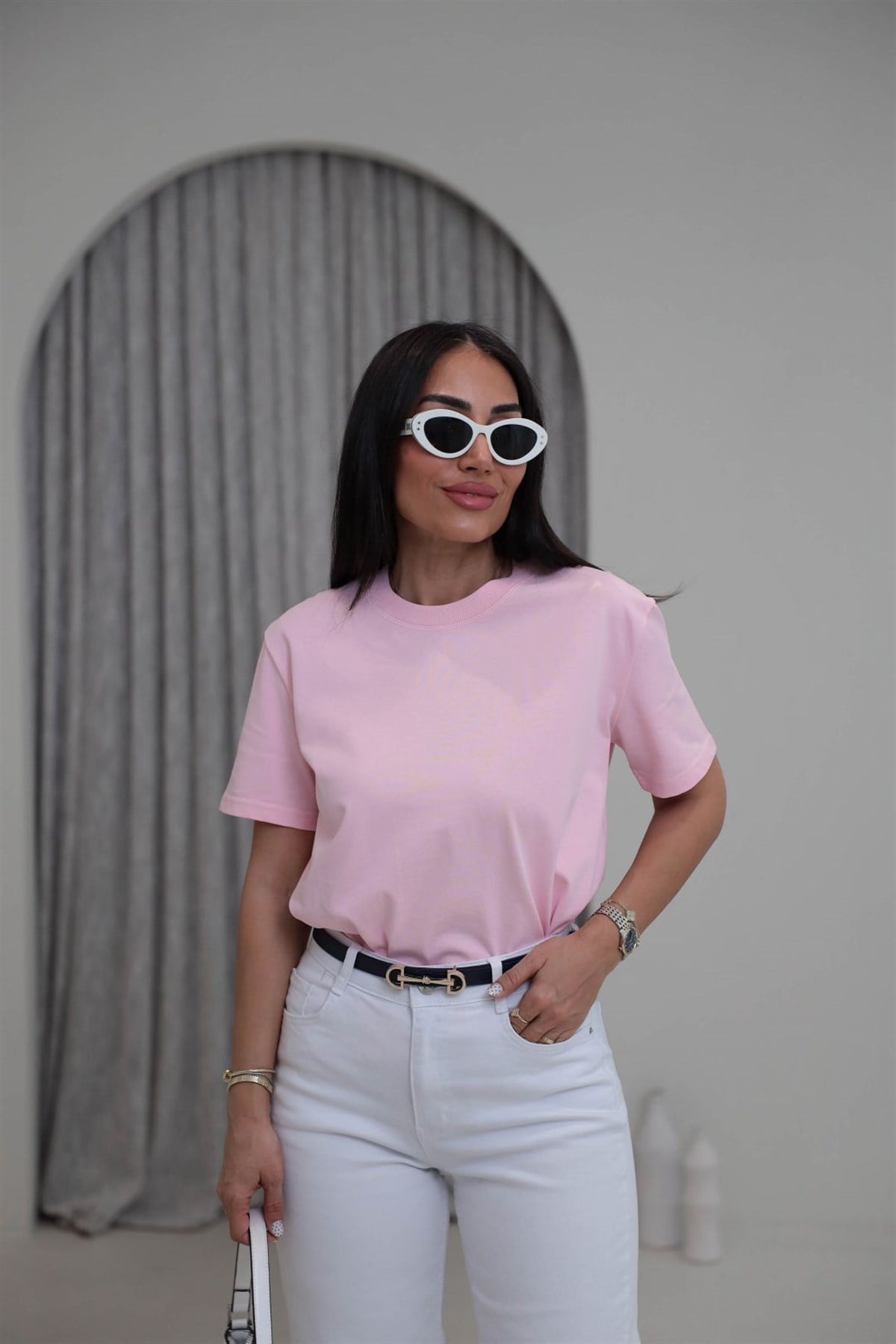 0312 Dekoratif Dikişli Pamuklu Tshirt PEMBE