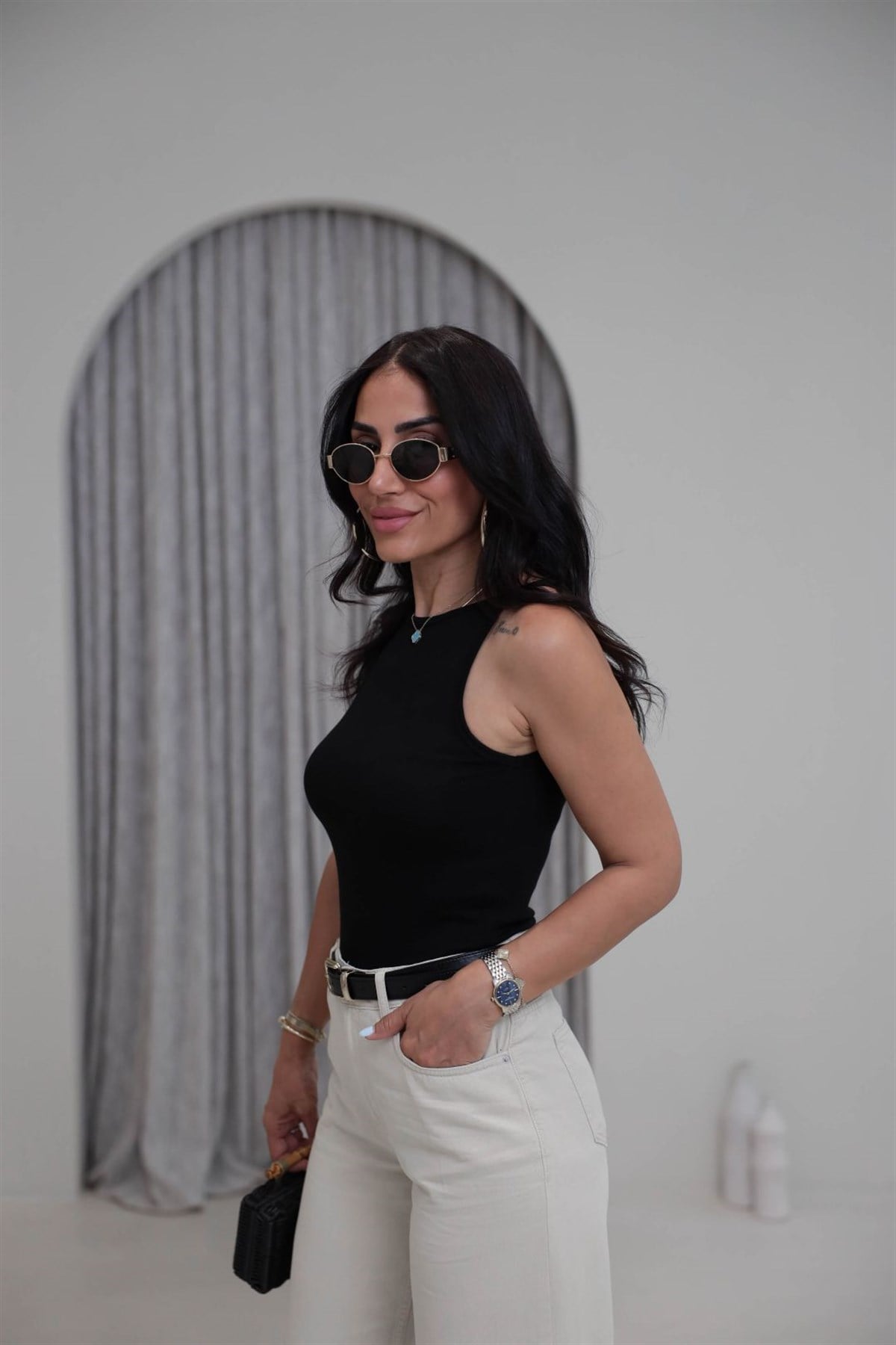 1048 Halter Yaka Likralı Bluz SİYAH