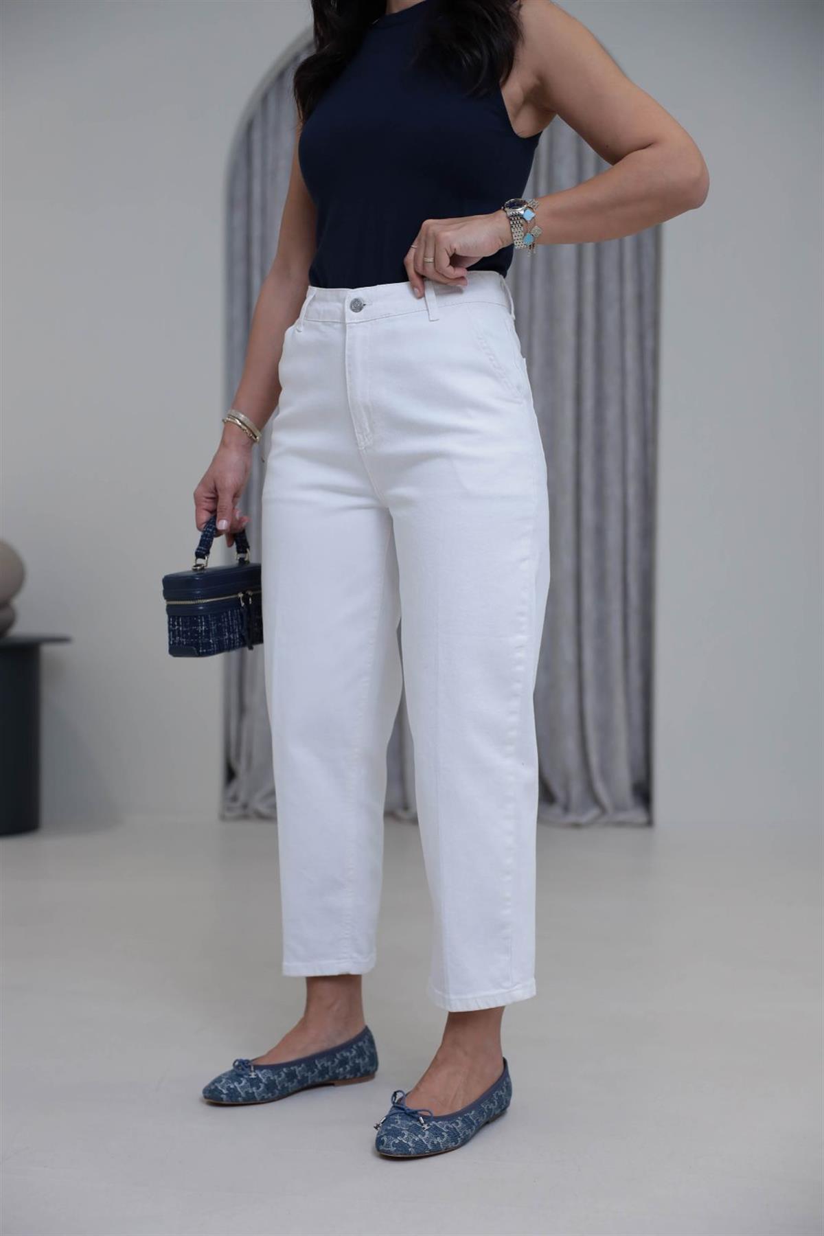 3001 Yüksek Bel Likralı Slouchy Jean BEYAZ