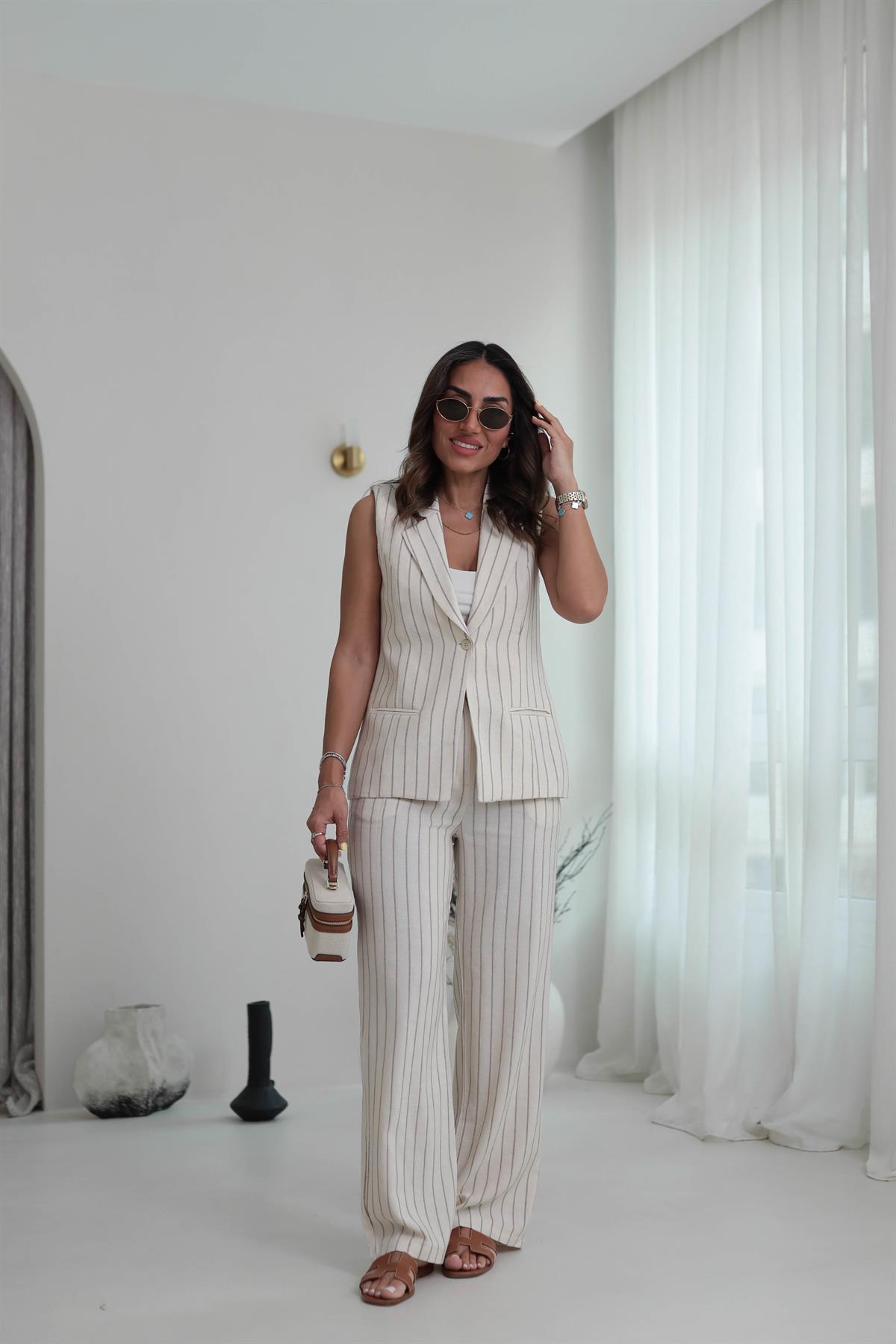 8669 Tek Düğmeli Çizgili Keten Yelek & Pantolon Takım VİZON