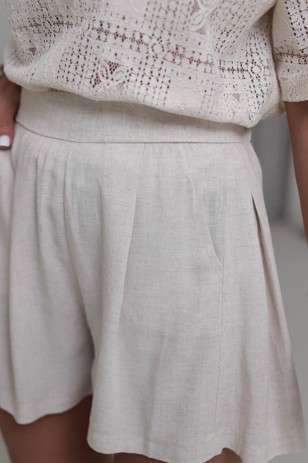 0006 Arka Bel Lastikli Keten Şort NATURAL