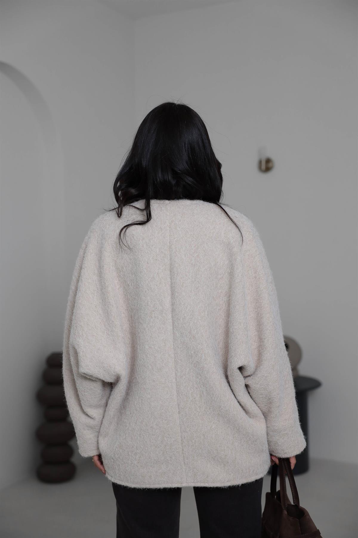 8989 Önü Bağlamalı Oversize Keçe Ceket TAŞ