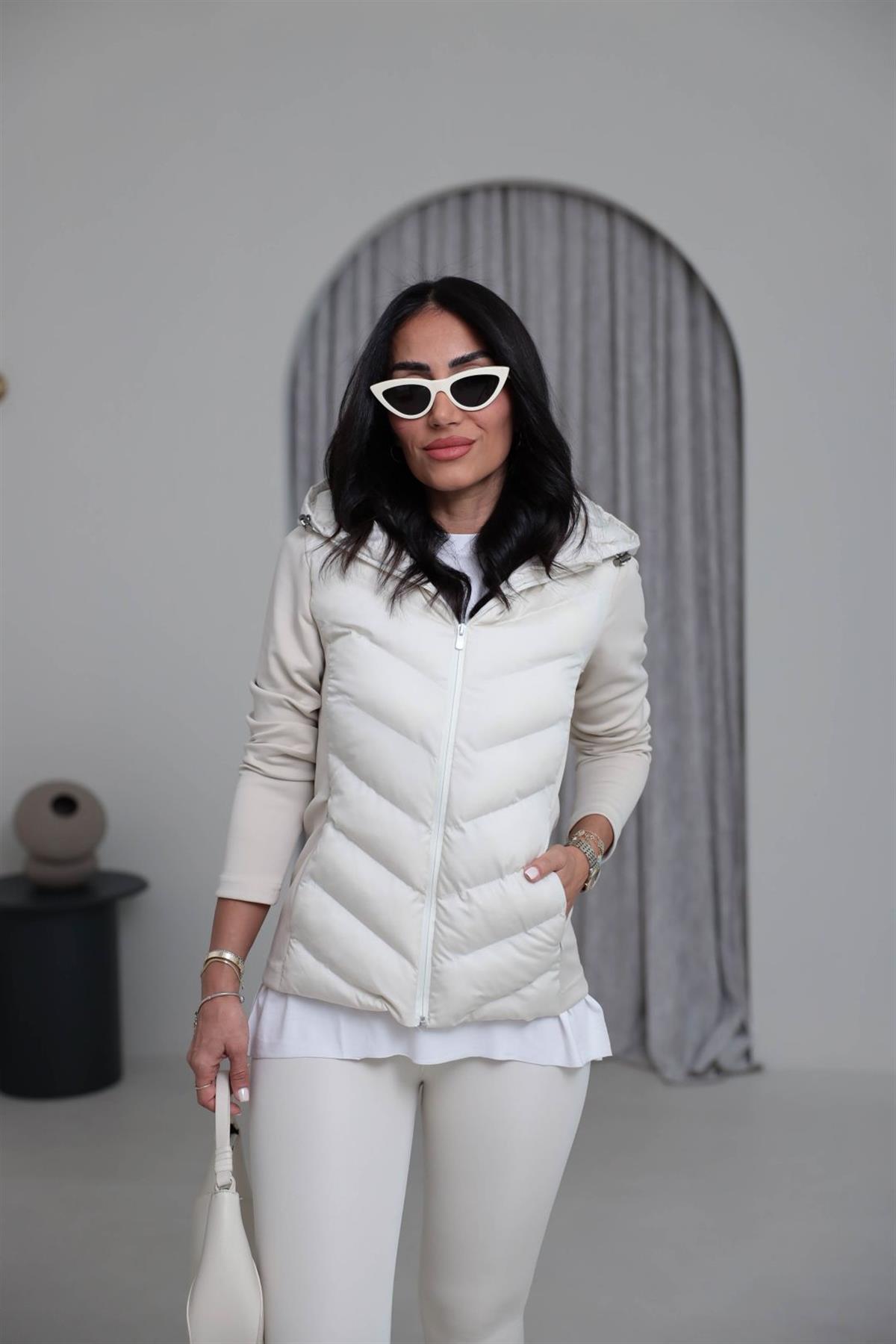 118 Kapşonlu Fermuarlı Hybrid Mont KREM