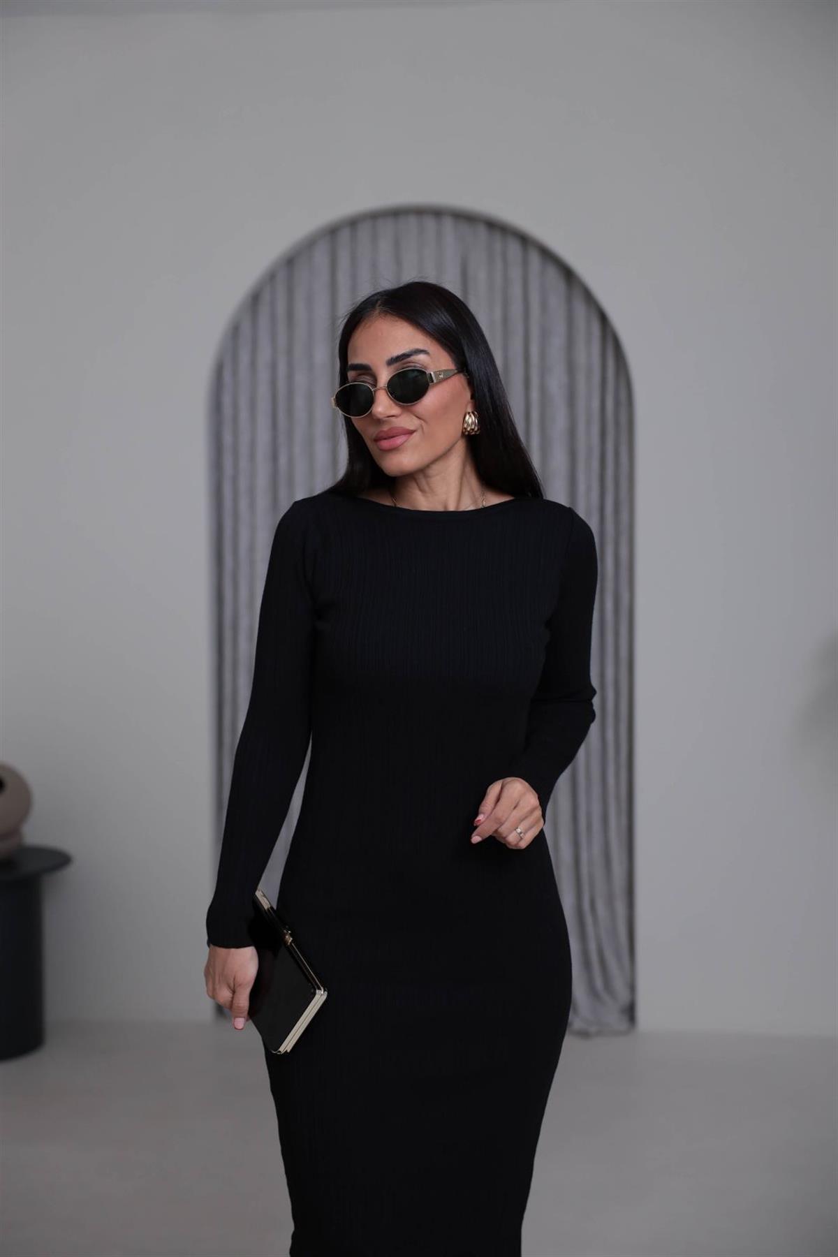 2000 Kayık Yaka Triko Elbise SİYAH