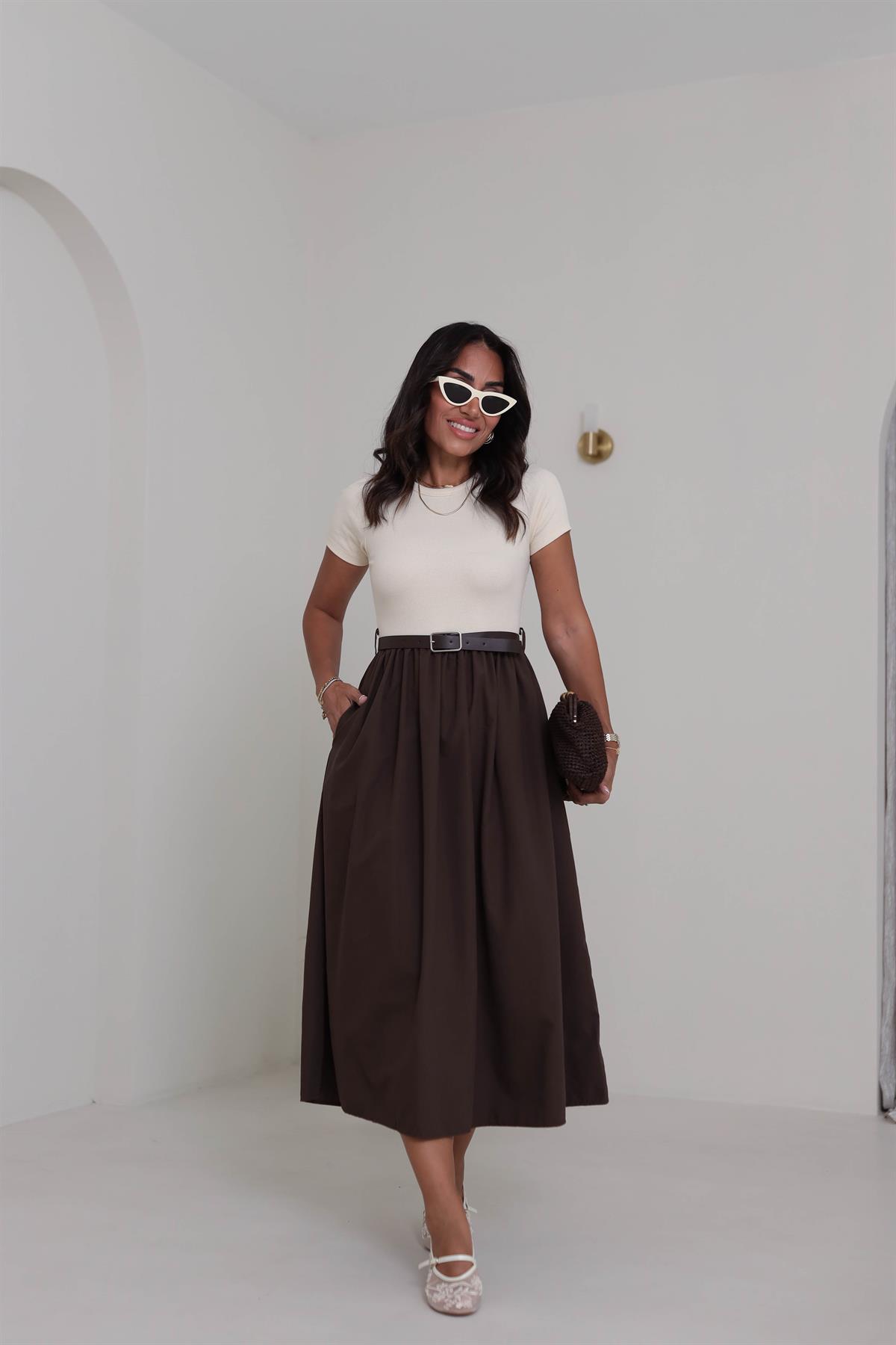 2017 Kemerli Kaşkorse Elbise KREM