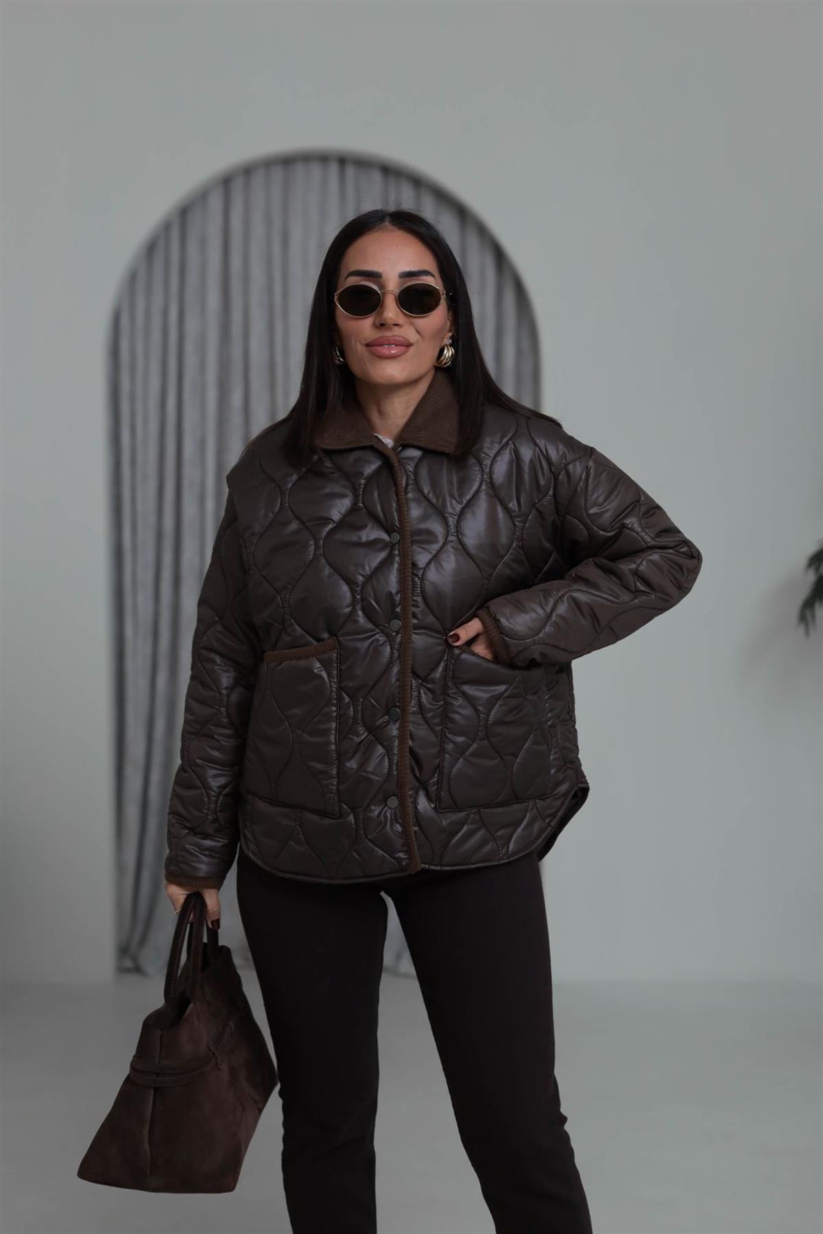 M20 Kapitone Kadife Yaka Mont ACI KAHVE