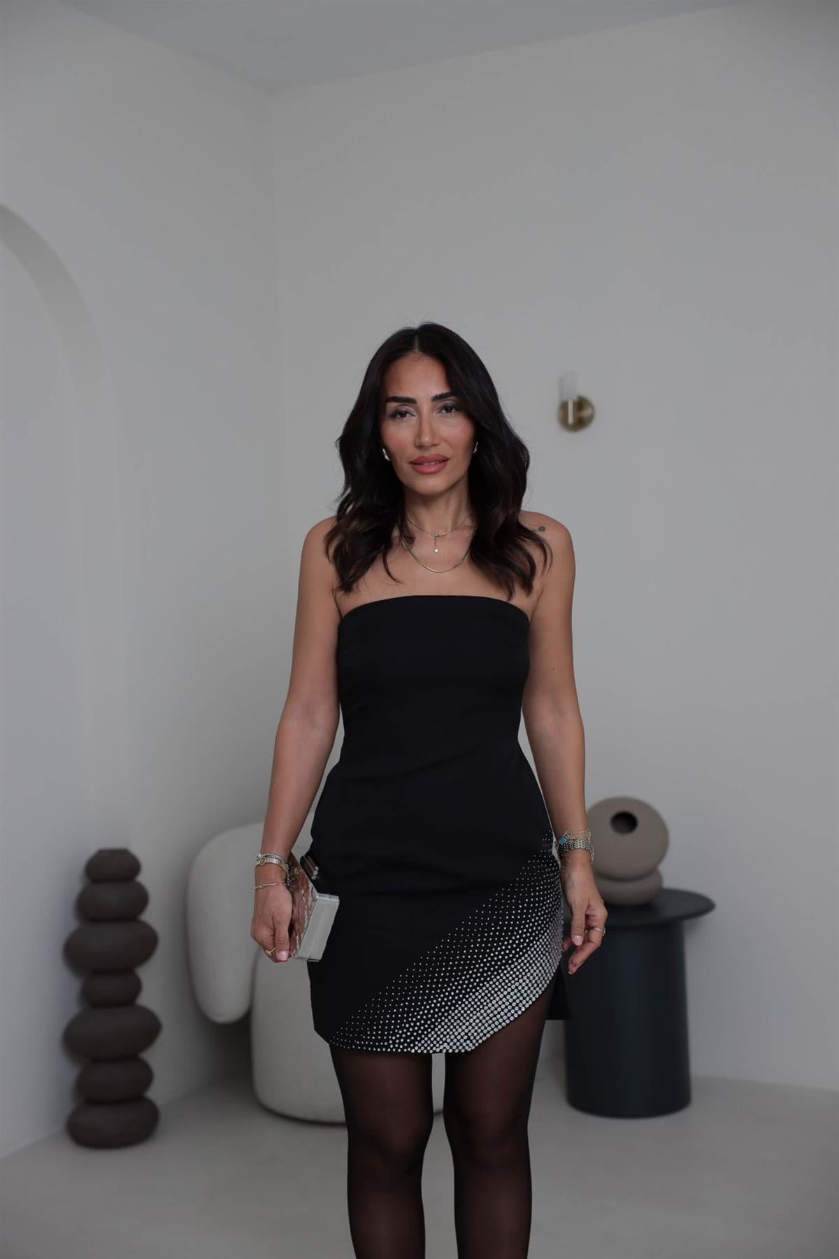 6731 Etek Ucu Taşlı Straplez Elbise SİYAH