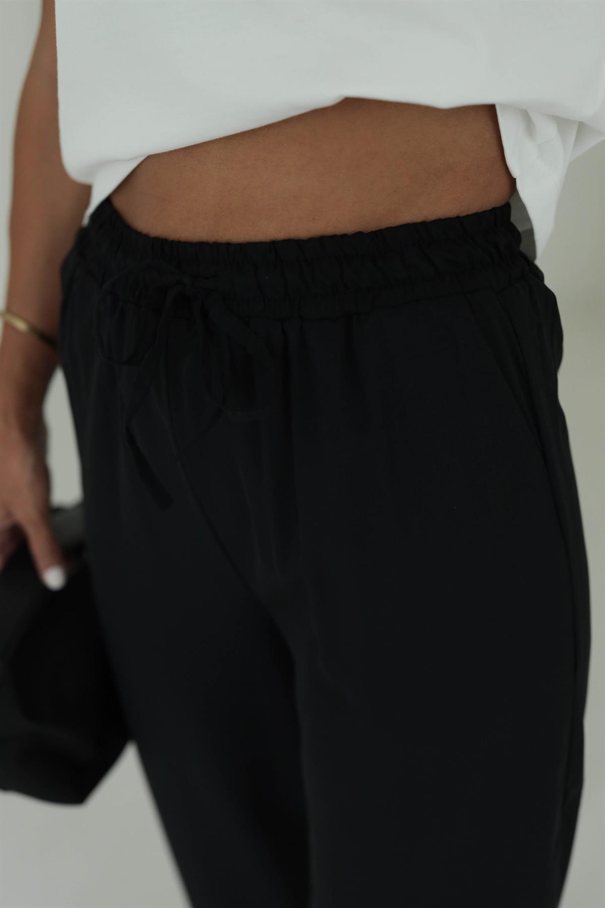 8779 Beli Lastikli Bol Paça Pantolon SİYAH