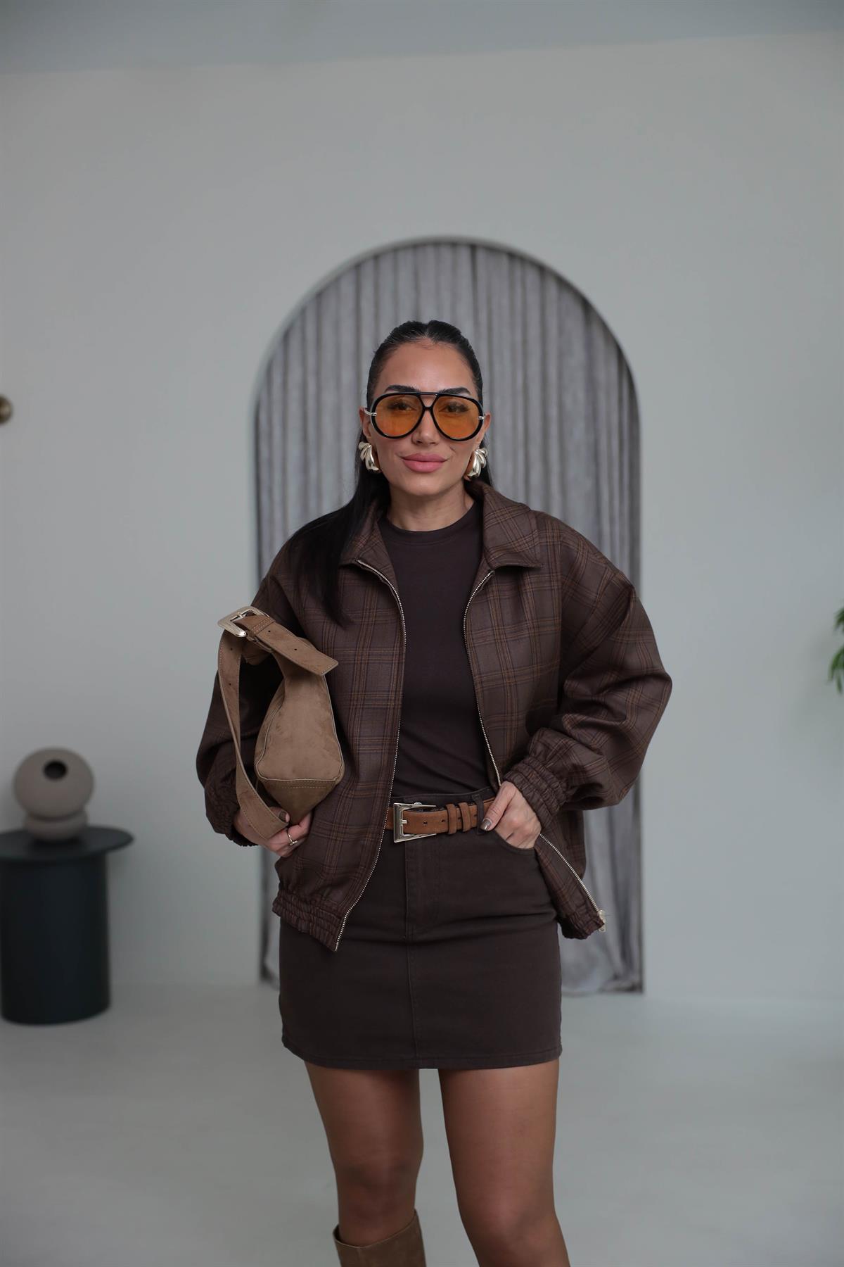 6969 Fermuarlı Bel Lastikli Ekose Desen Bomber KAHVE