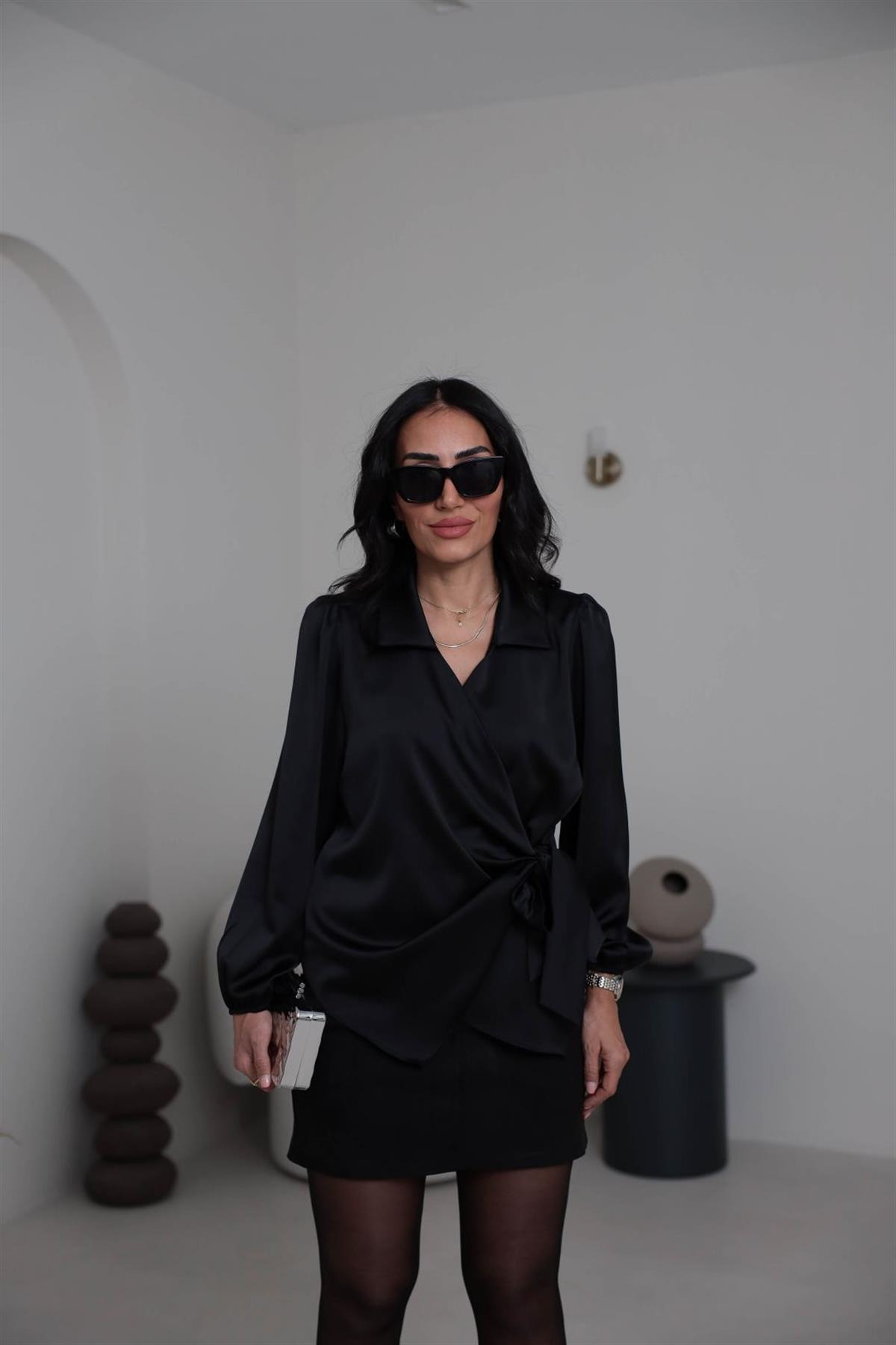 K0132 Kruvaze Yaka İpek Saten Gömlek Bluz SİYAH