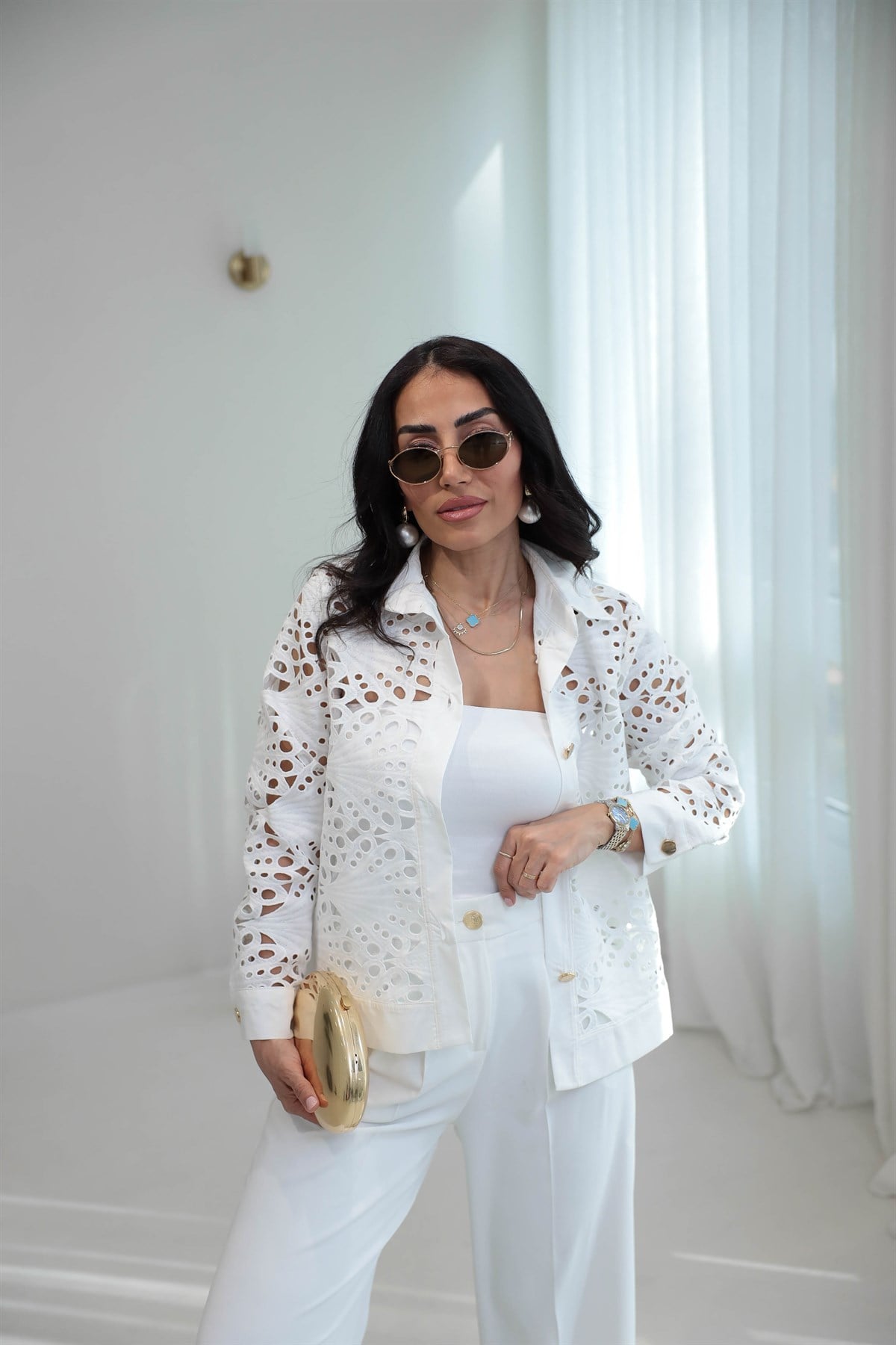 Gold Düğmeli Poplin Garnili Dantelli Ceket BEYAZ