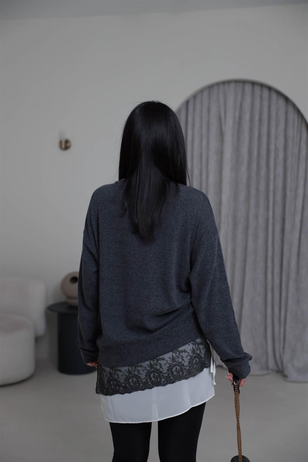 7273 Eteği Dantel Tunik Triko Bluz ANTRASİT