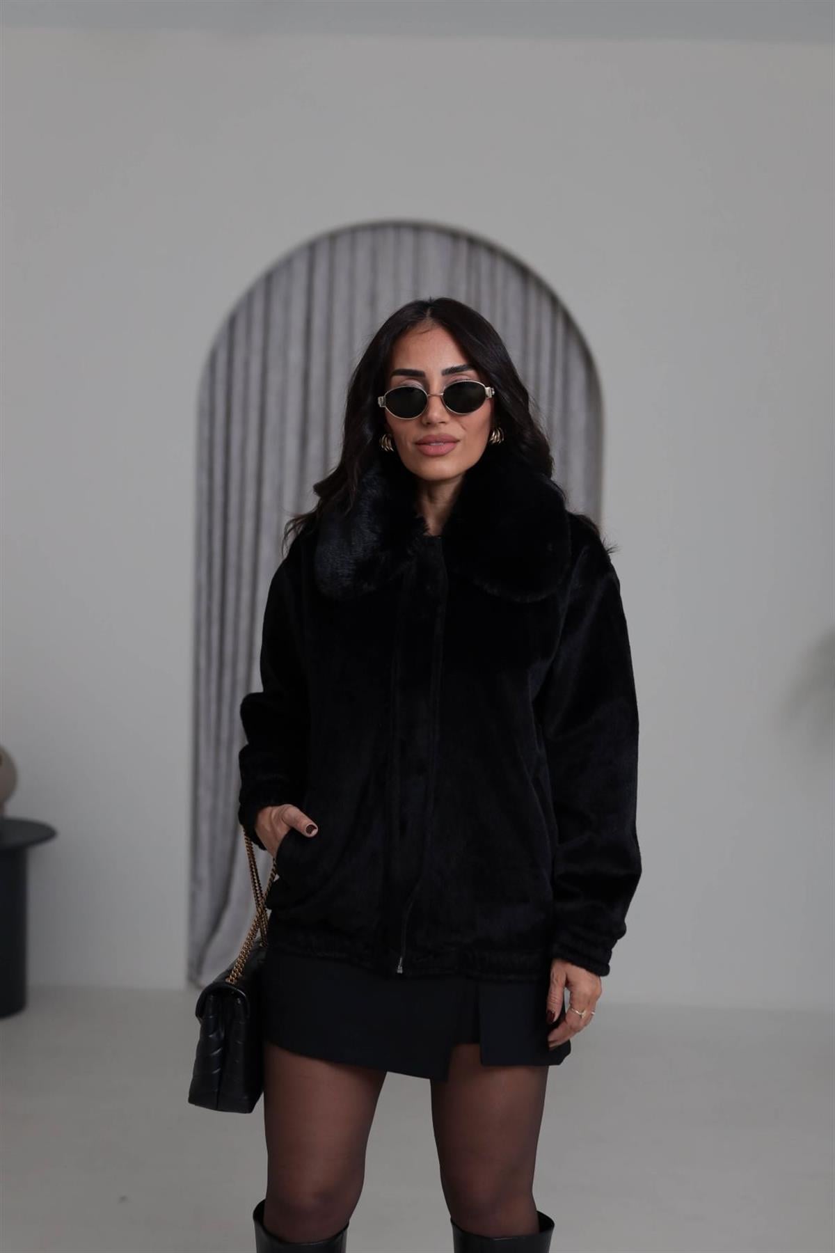 0099 Yaka Kürklü Alpaka Kaban SİYAH