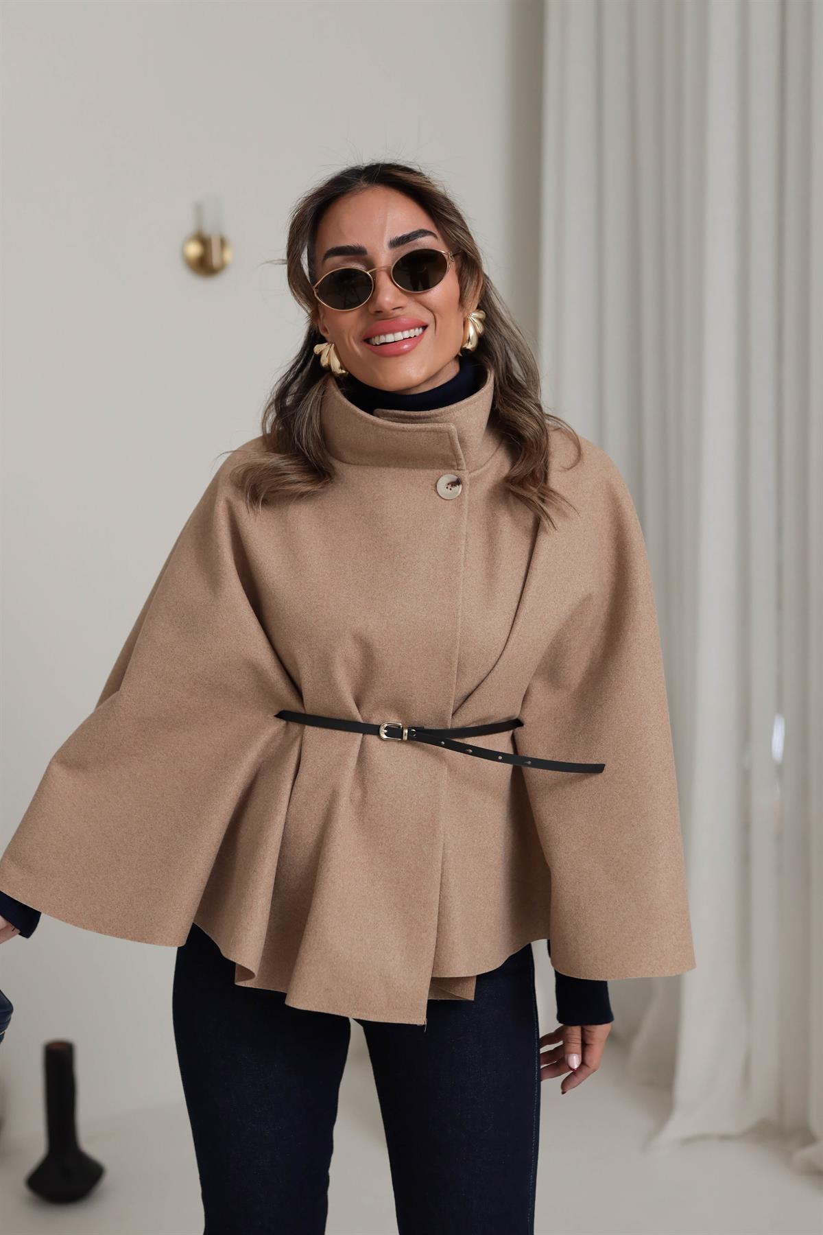 80167 Kemerli Dik Yaka Kaşe Panço CAMEL