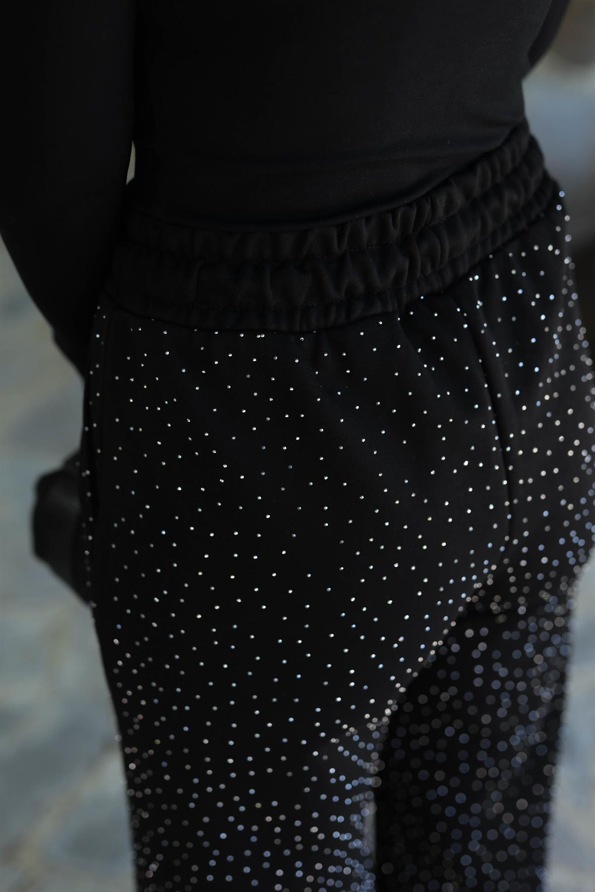 5773 Yüksek Bel Geniş Paça Taşlı Eşofman Altı SİYAH