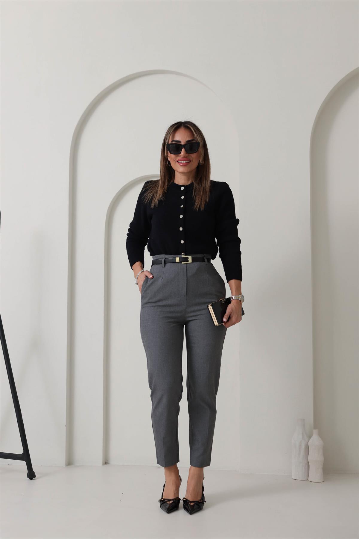 2436 Bisiklet Yaka Taş Düğmeli Yumoş Hırka SİYAH