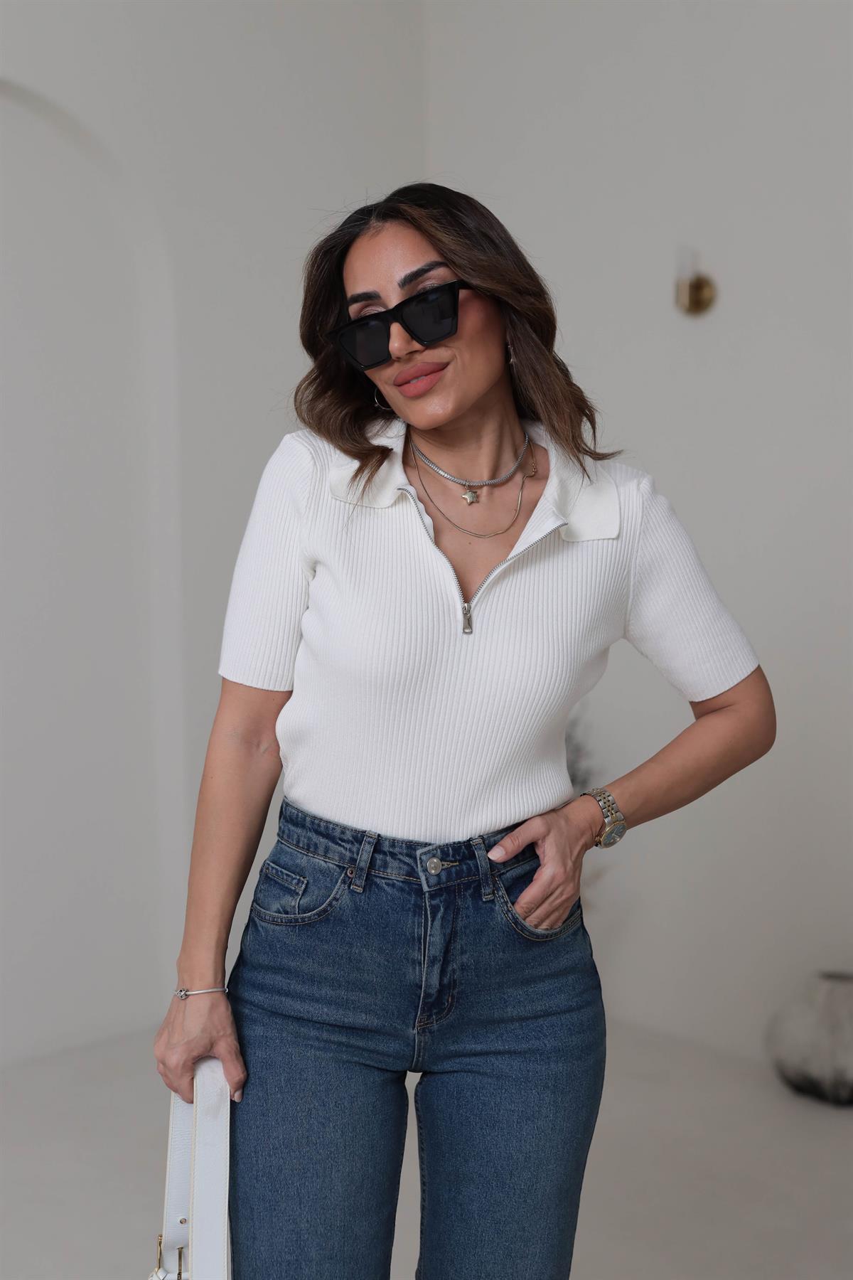 Yarım Fermuarlı Kısa Kol Fitilli Triko Buluz EKRU