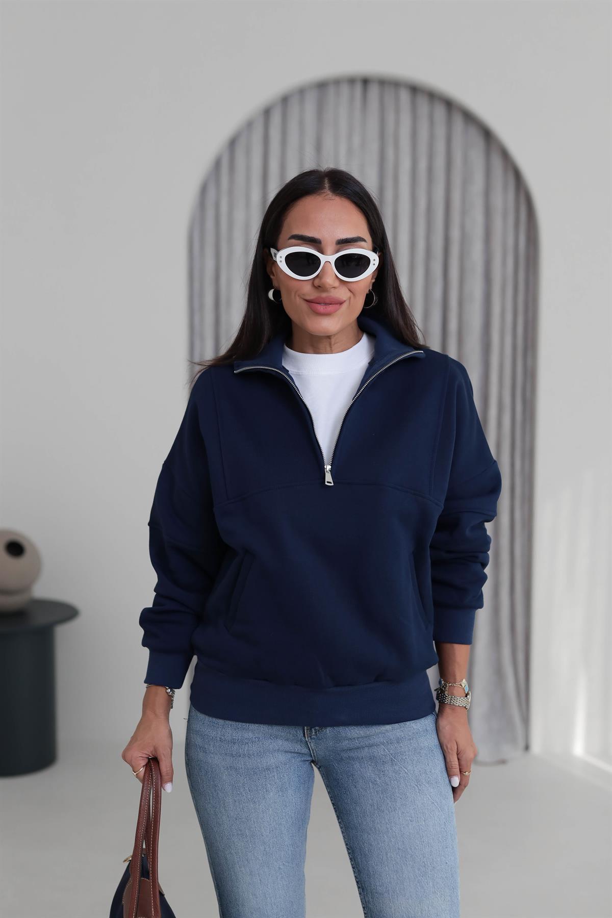 8745 Orj Marka Yarım Fermuarlı Cep Detaylı Sweatshirt LACİVERT