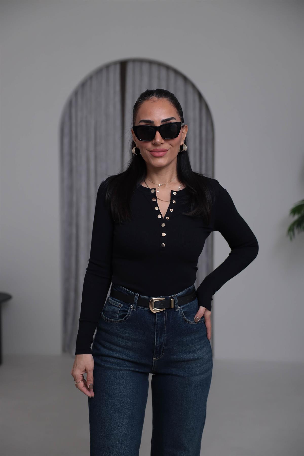 6363K Patlı Gold Düğmeli Pamuklu Bluz SİYAH