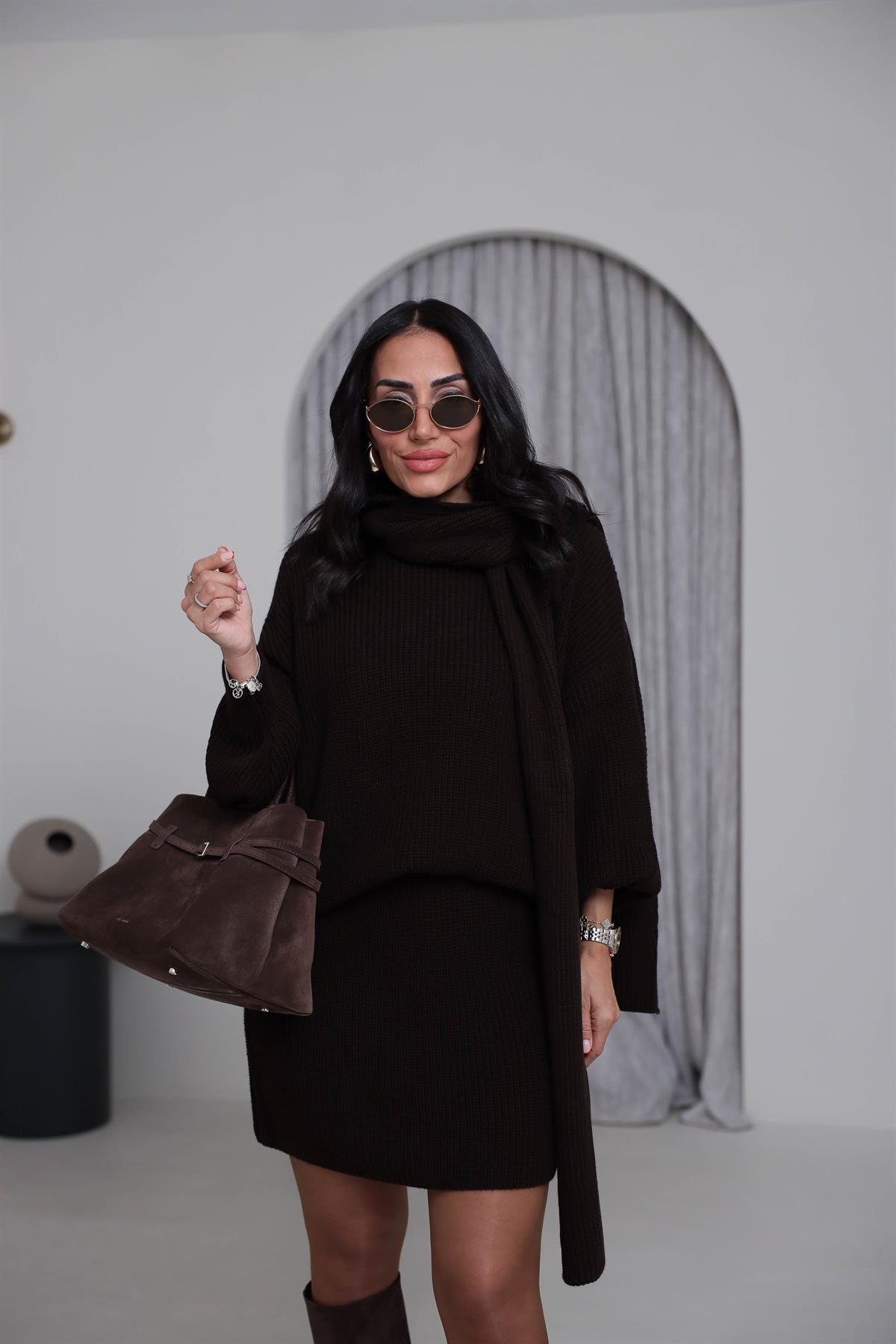 2581 Bisiklet Yaka Şal Detaylı Örgü Etek Takım ACI KAHVE