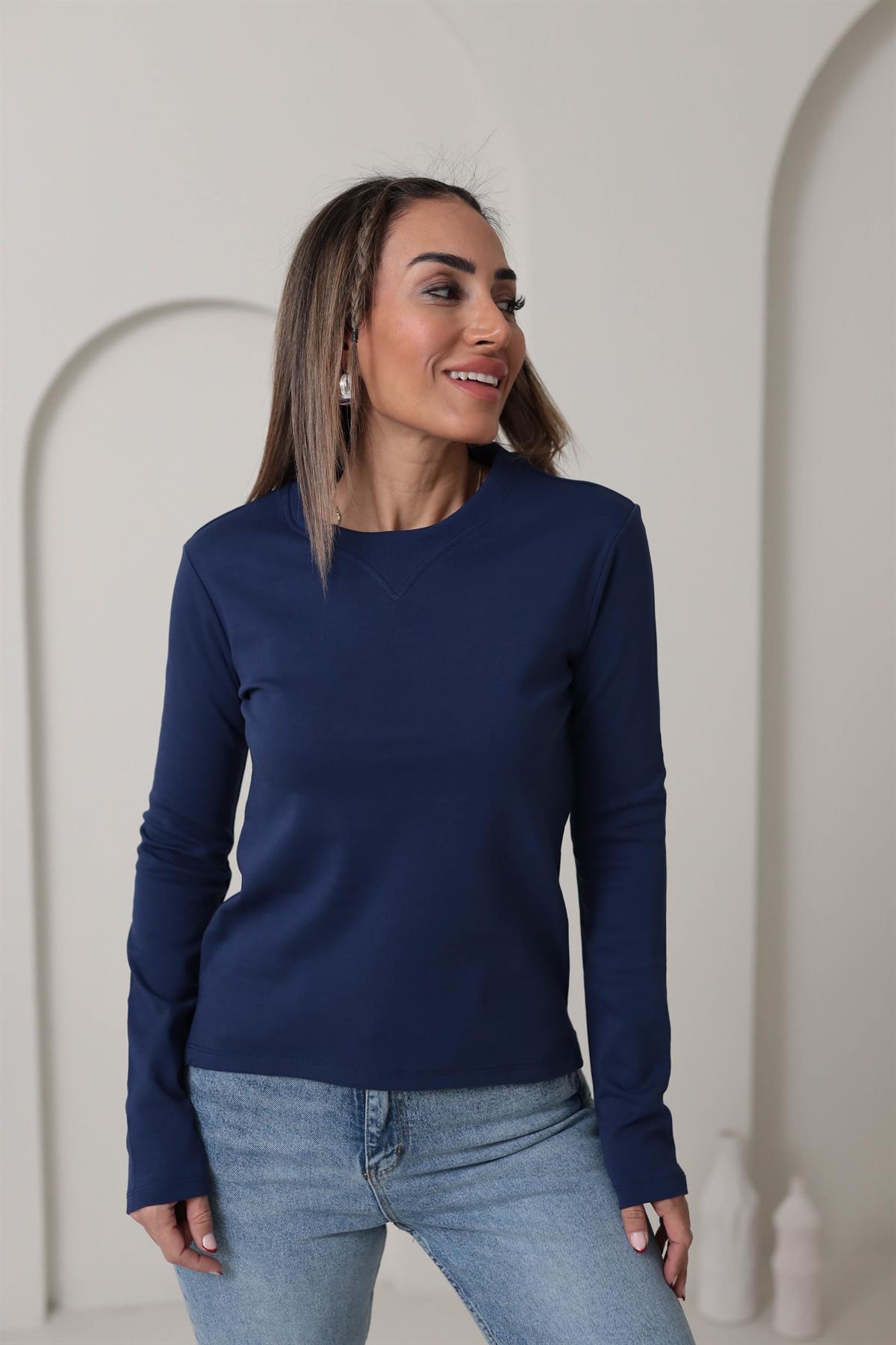 6364 Yaka Ribana Dikişli Uzun Kol Bluz LACİVERT