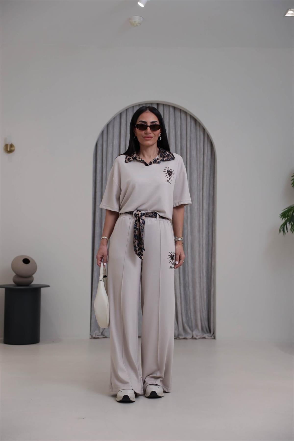 7539 Leopar Saten Yakalı Nakışlı Modal Takım TAŞ